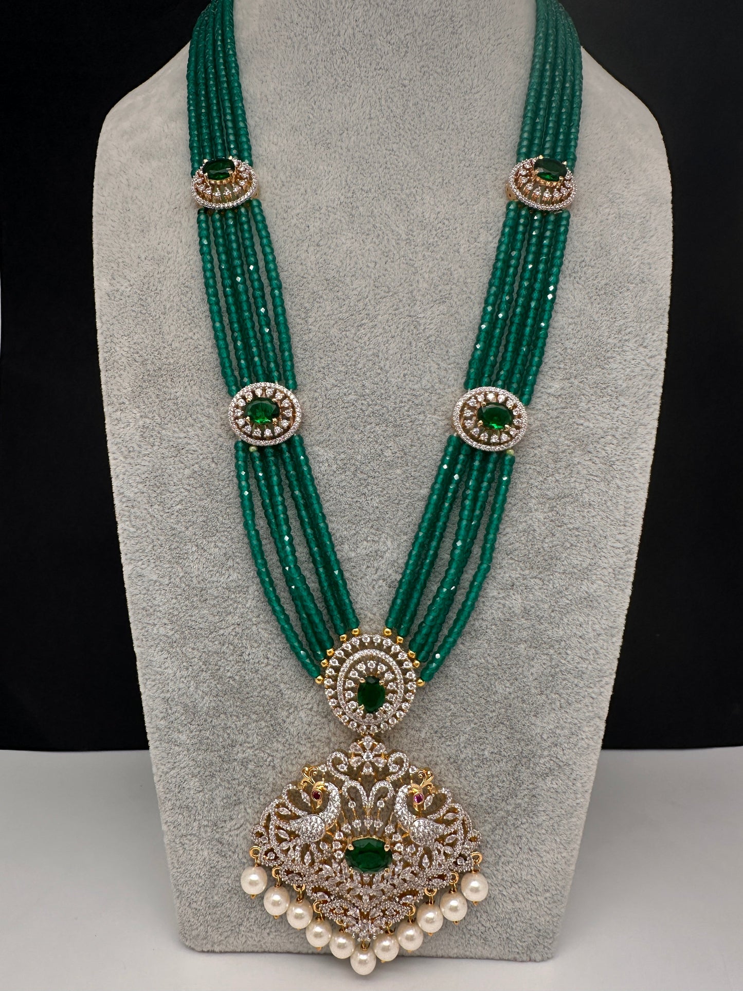 CZ Beads Long Color Stone Peacock Necklace - Green