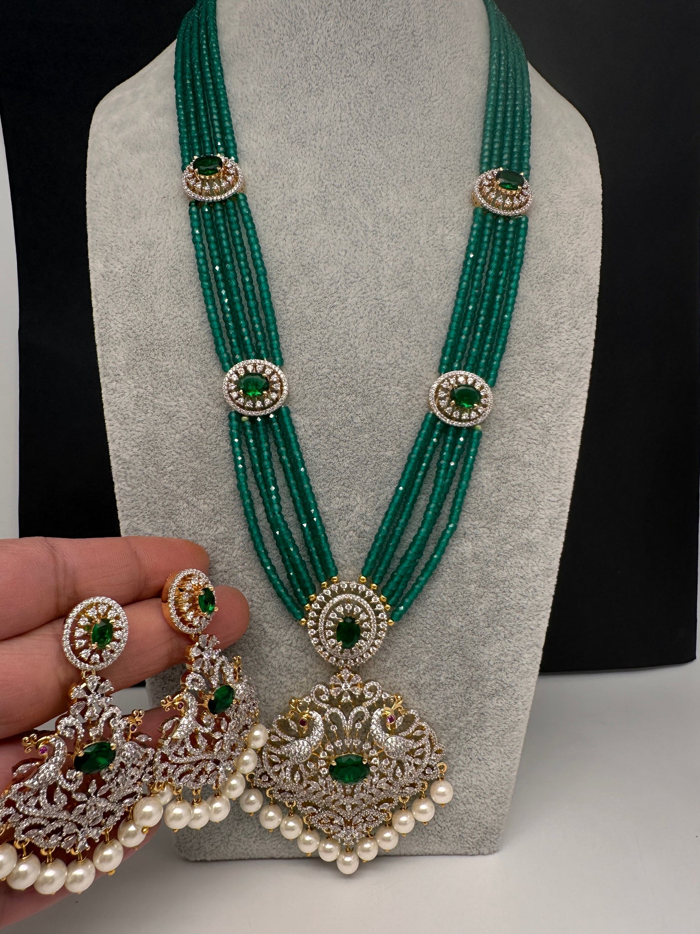 CZ Beads Long Color Stone Peacock Necklace - Green