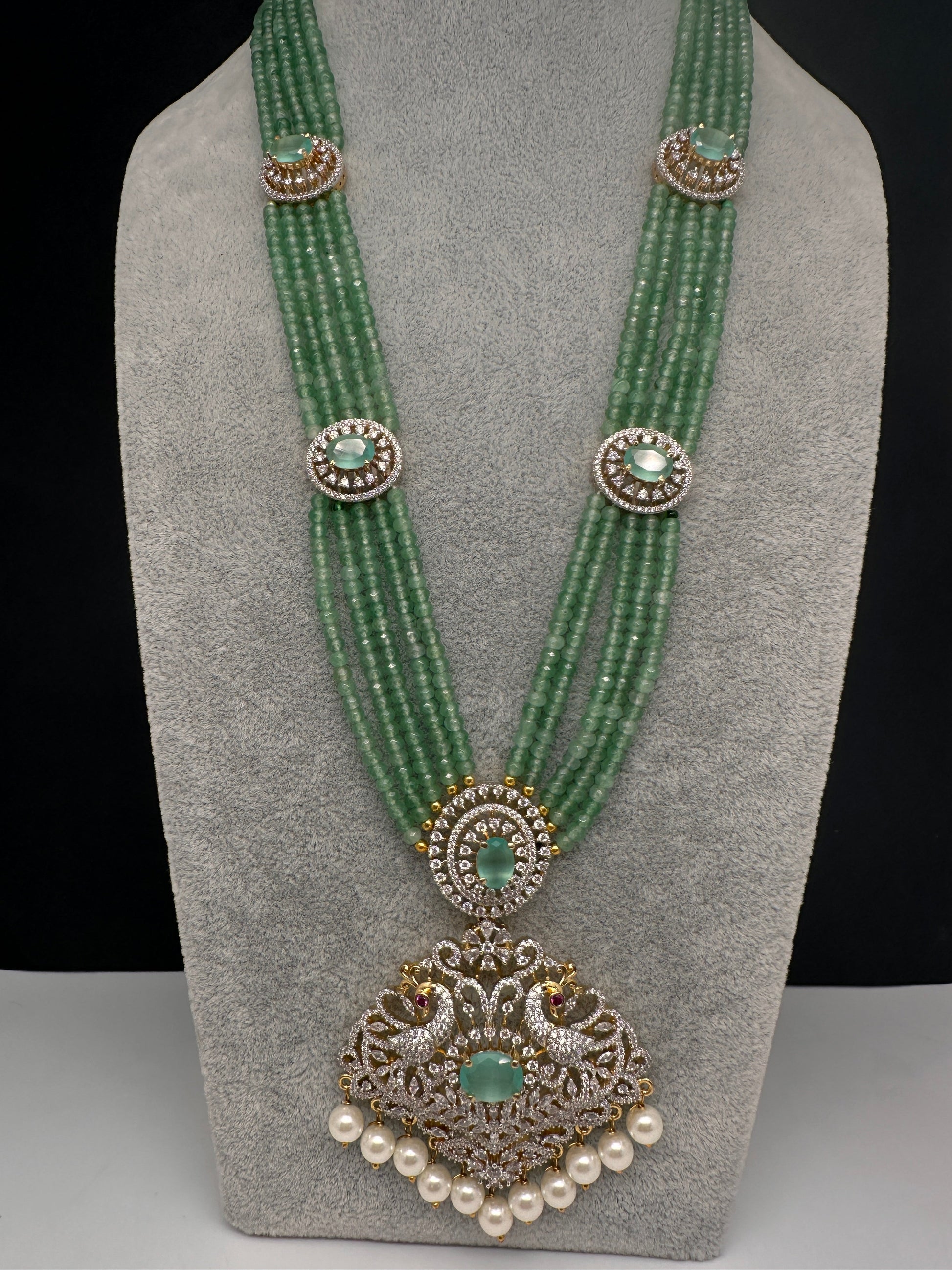 CZ Beads Long Color Stone Peacock Necklace - MintGreen