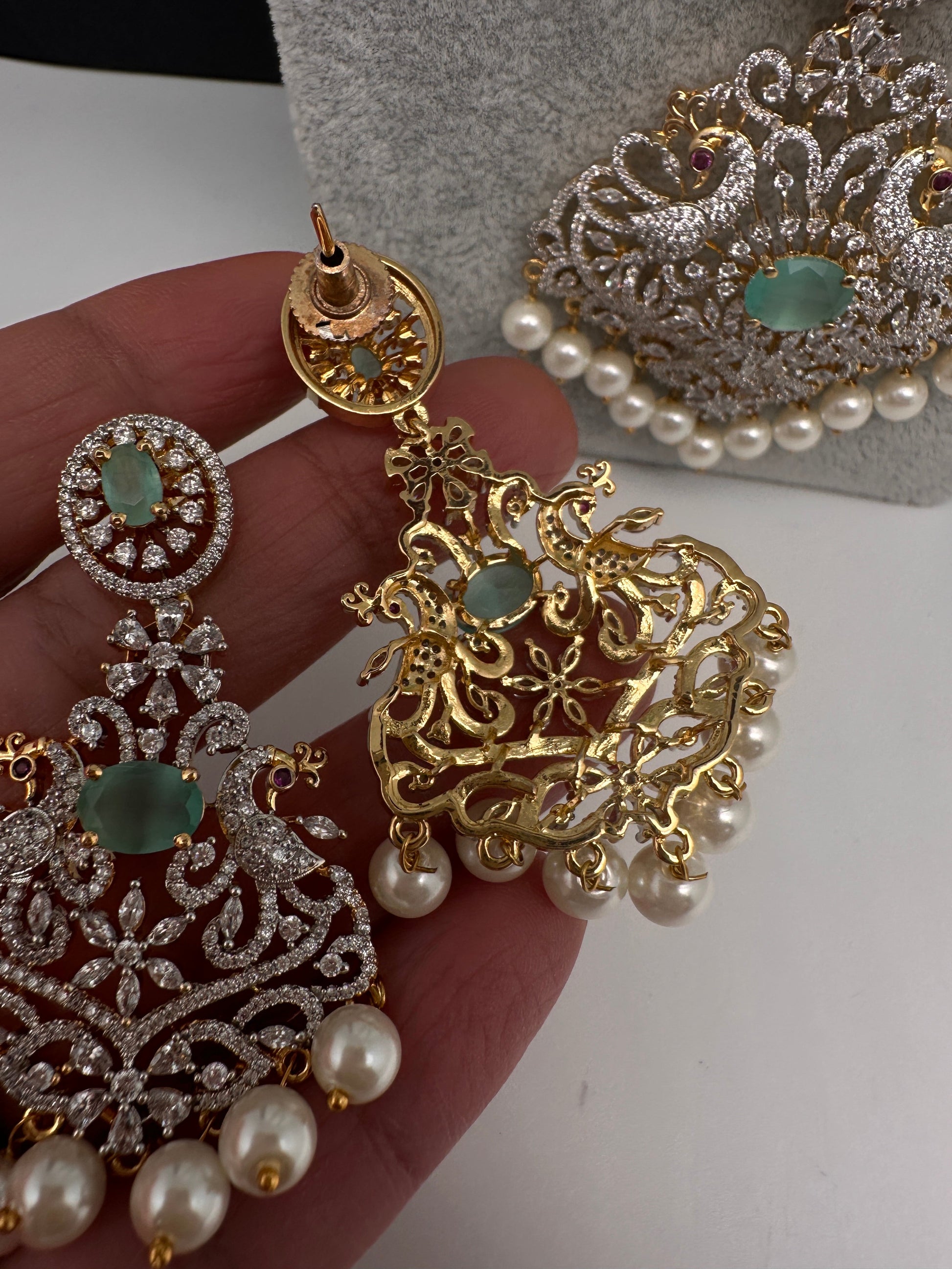 CZ Beads Long Color Stone Peacock Necklace - MintGreen