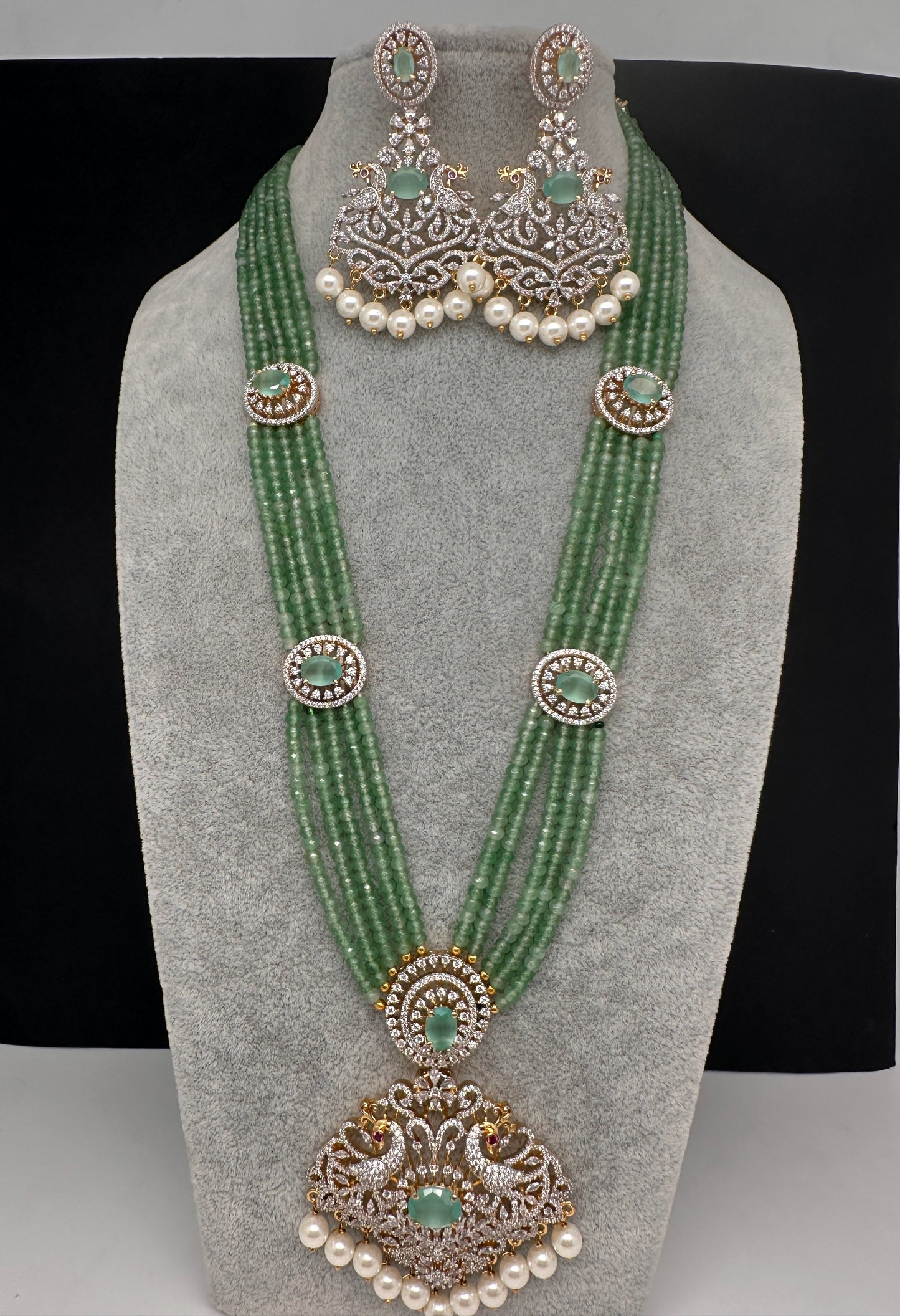 CZ Beads Long Color Stone Peacock Necklace - MintGreen