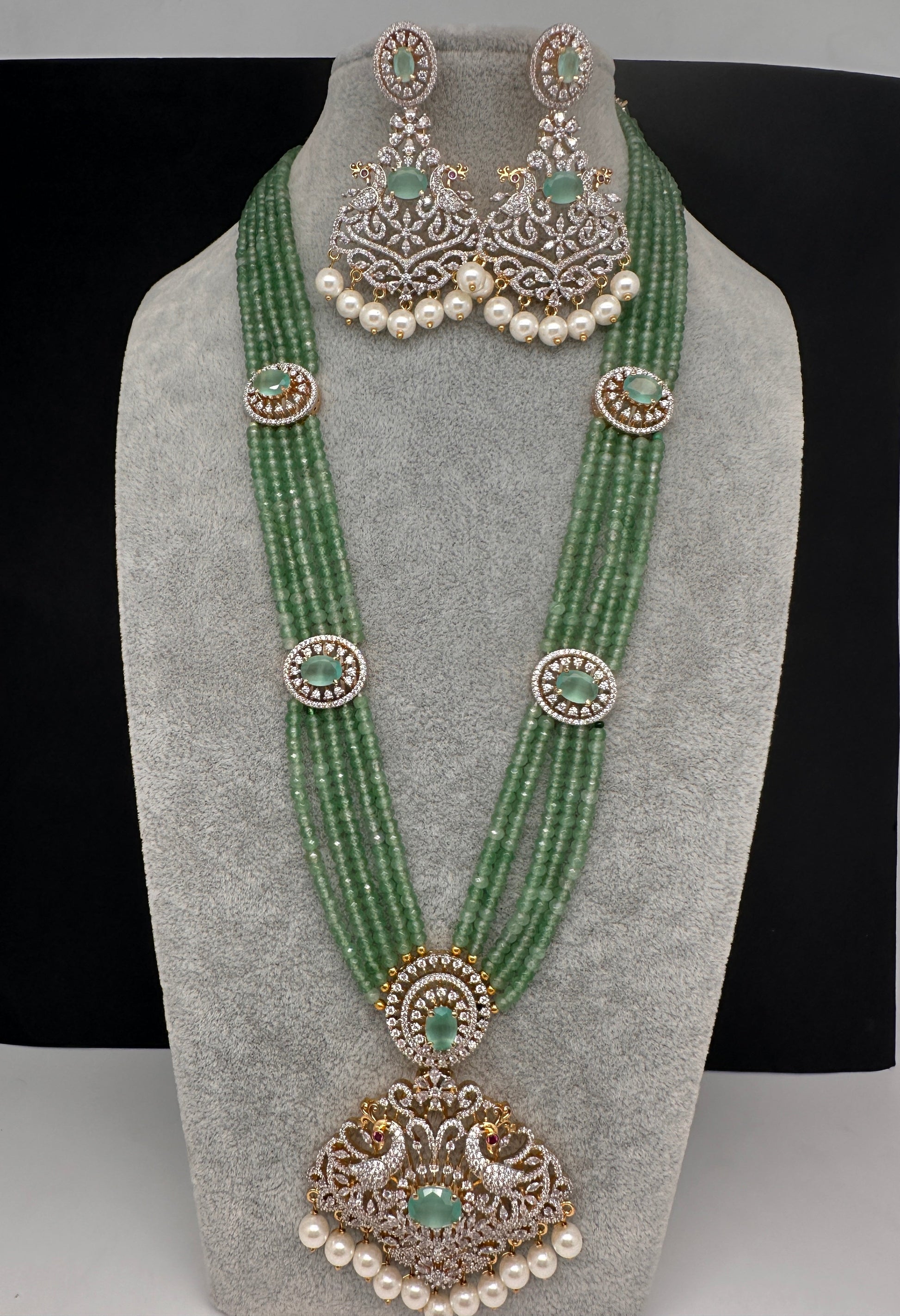 CZ Beads Long Color Stone Peacock Necklace - MintGreen