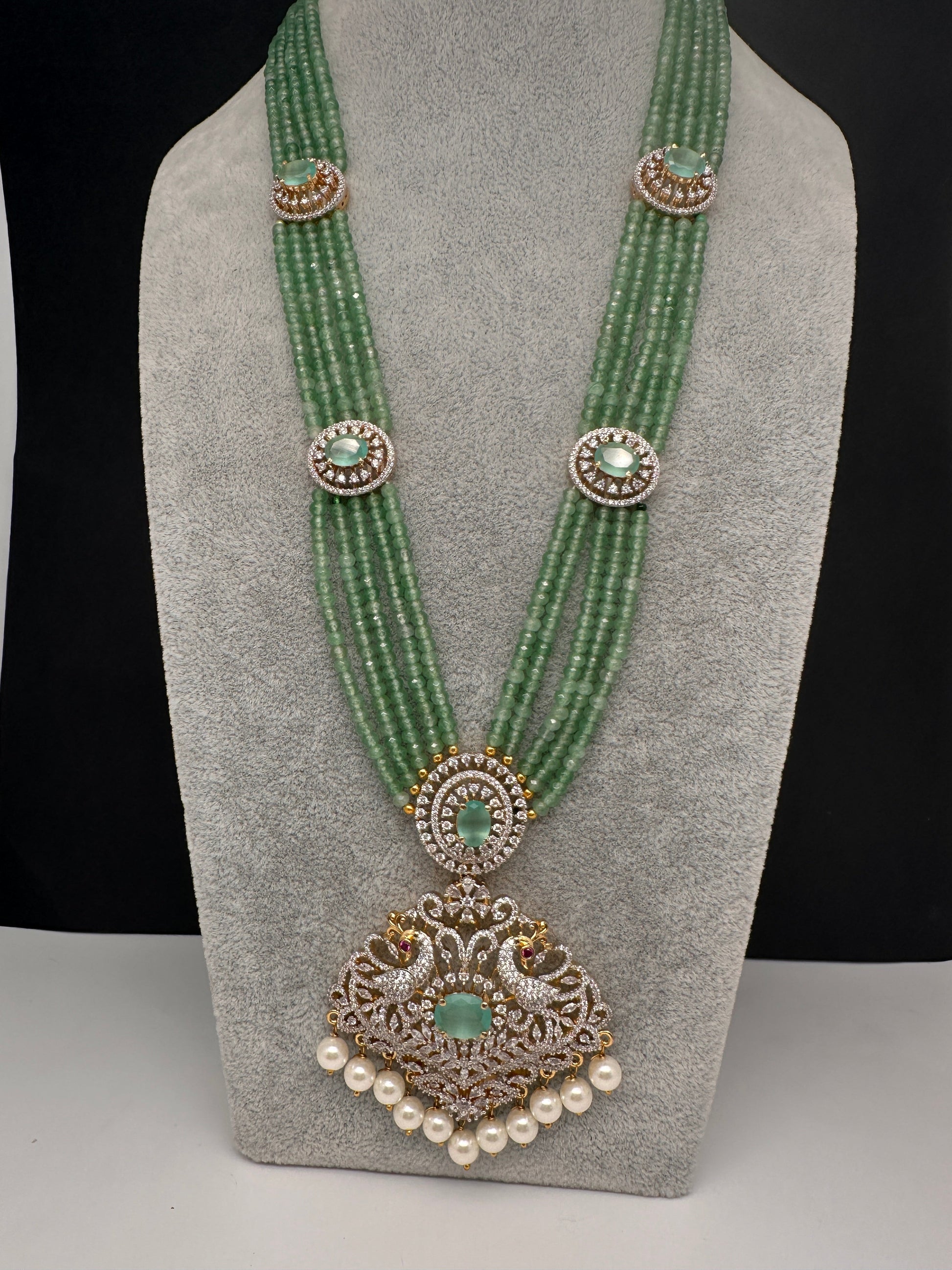 CZ Beads Long Color Stone Peacock Necklace - MintGreen