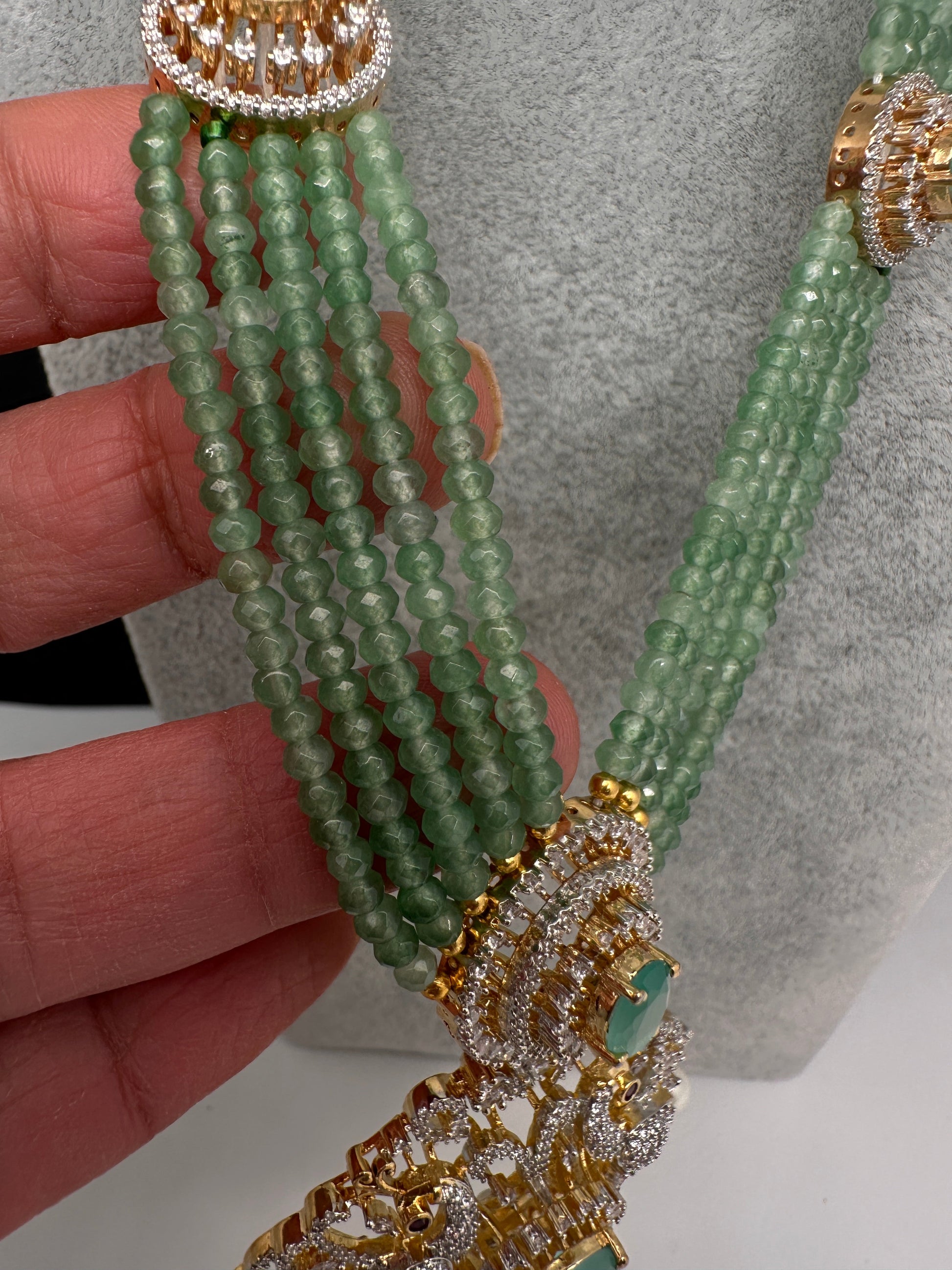 CZ Beads Long Color Stone Peacock Necklace - MintGreen
