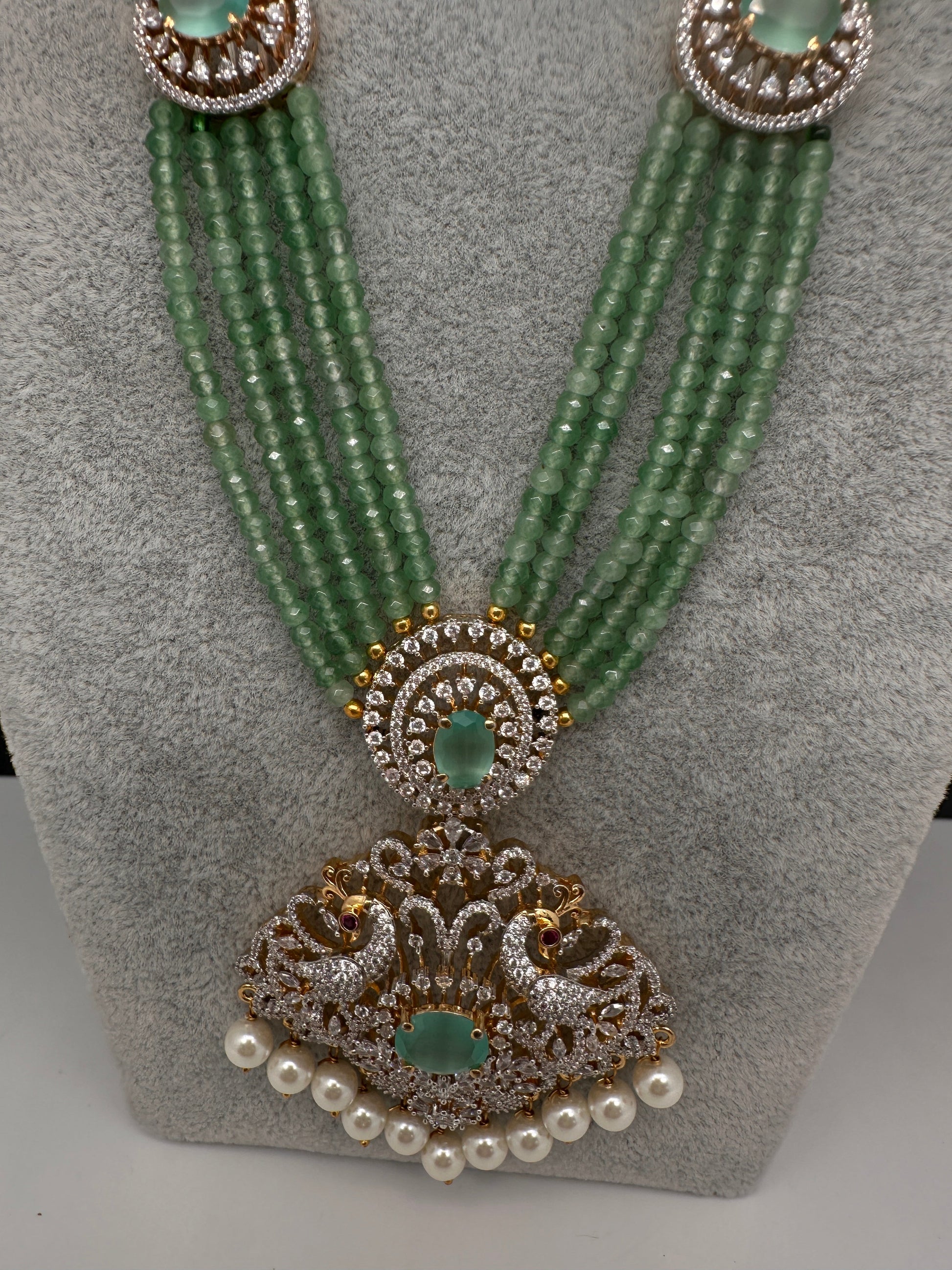 CZ Beads Long Color Stone Peacock Necklace - MintGreen