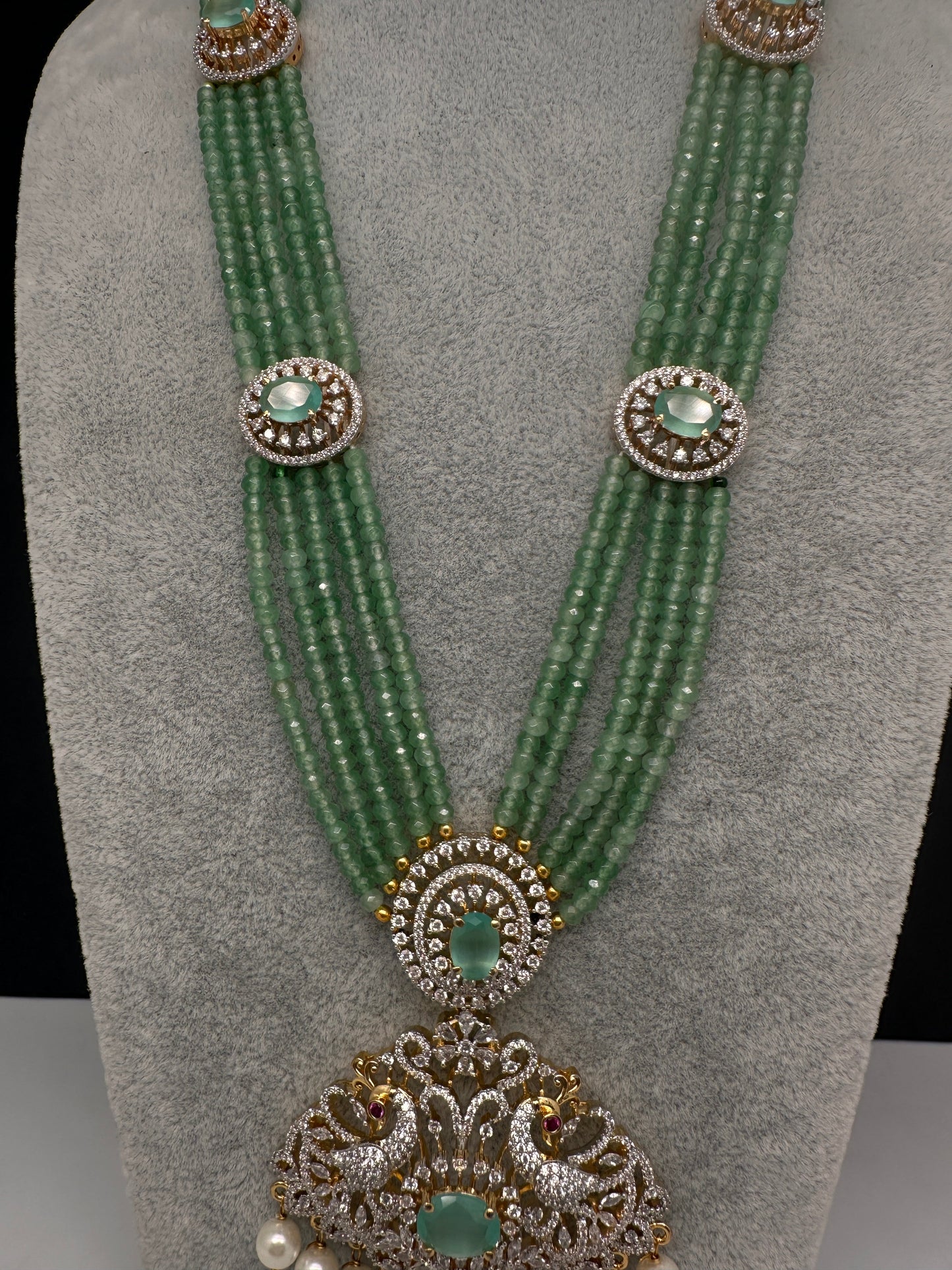 CZ Beads Long Color Stone Peacock Necklace - MintGreen