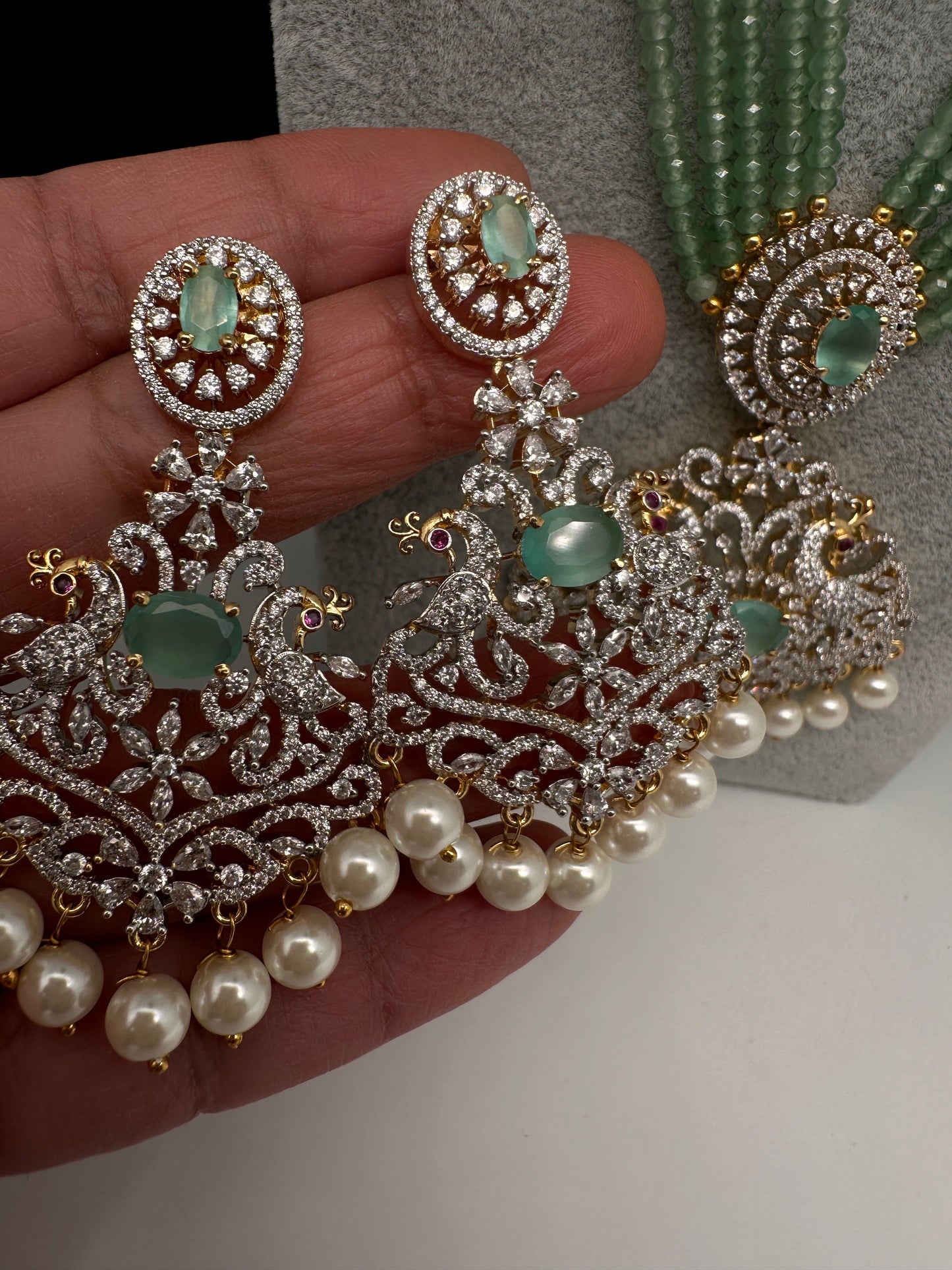 CZ Beads Long Color Stone Peacock Necklace - MintGreen