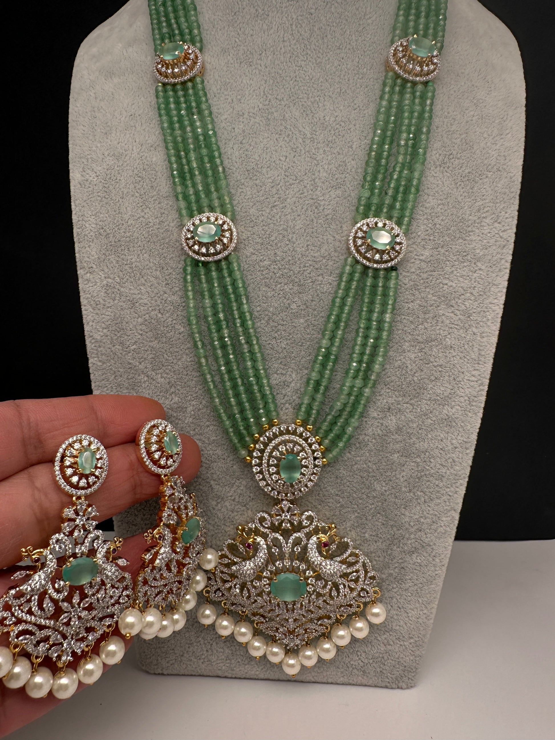 CZ Beads Long Color Stone Peacock Necklace - MintGreen