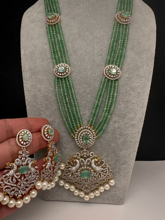 CZ Beads Long Color Stone Peacock Necklace - MintGreen