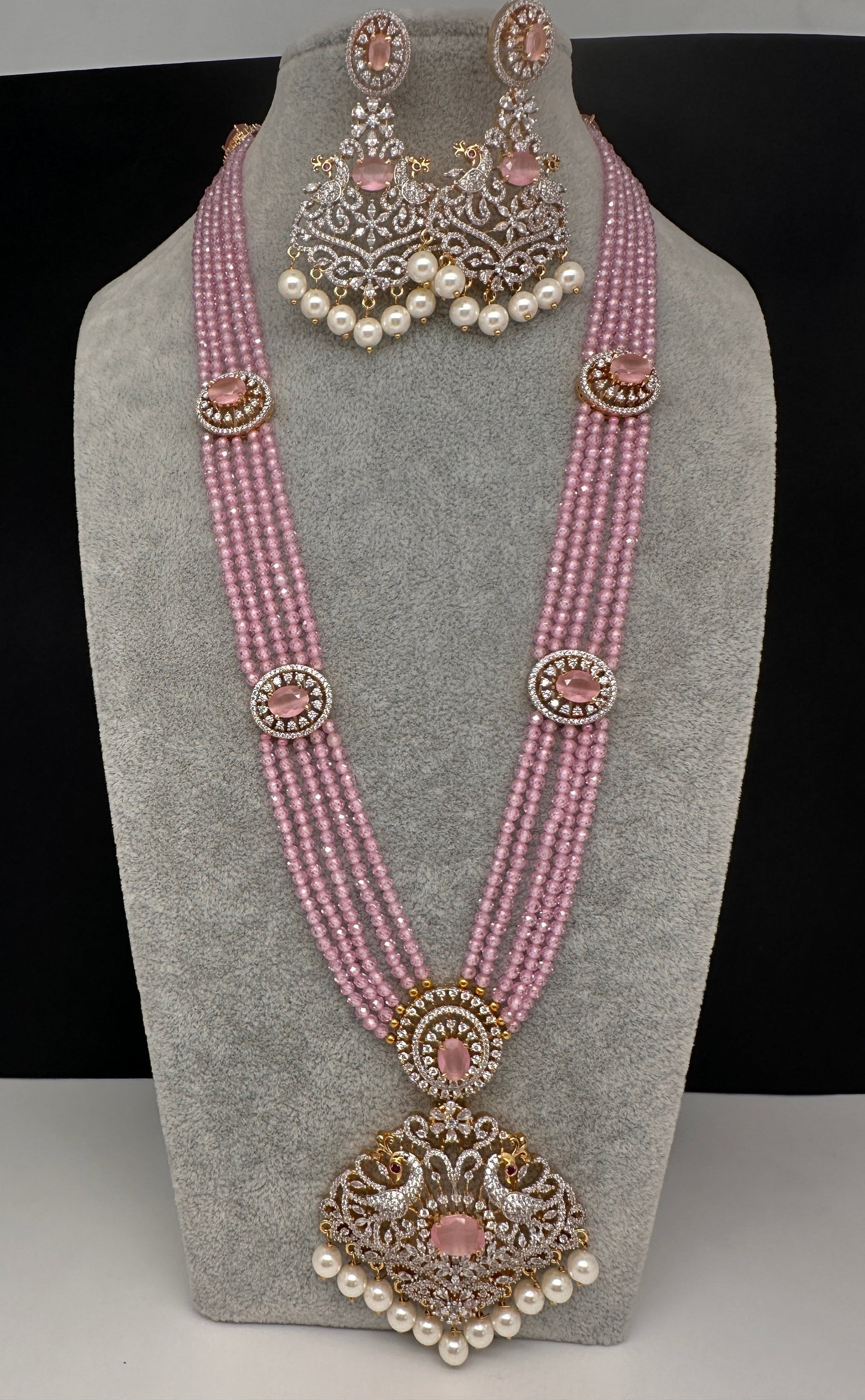 CZ Beads Long Color Stone Peacock Necklace - Pink