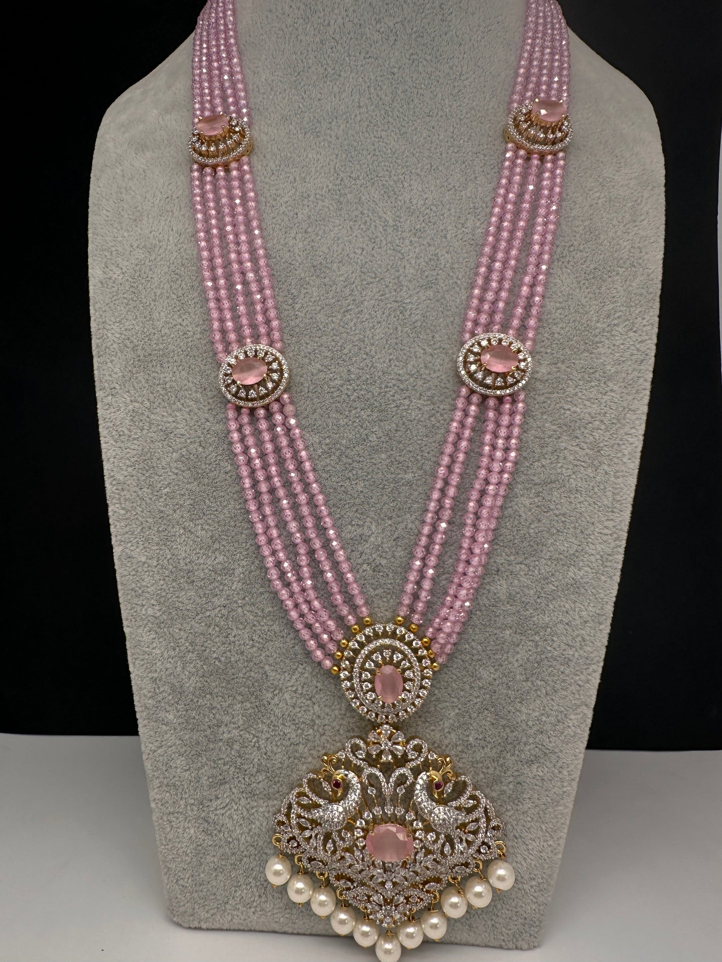 CZ Beads Long Color Stone Peacock Necklace - Pink