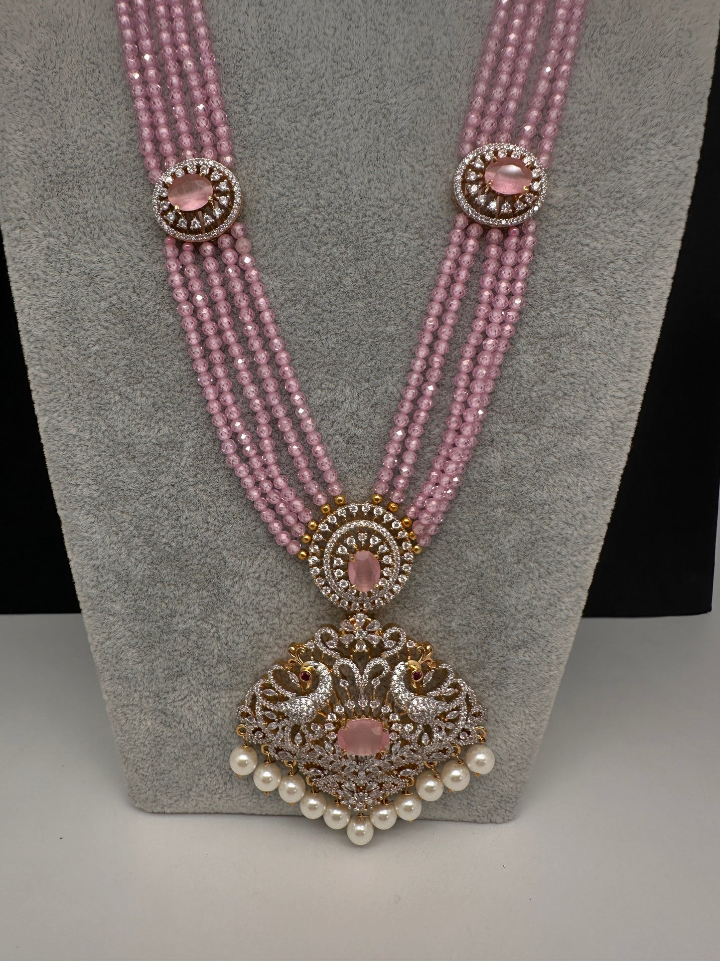 CZ Beads Long Color Stone Peacock Necklace - Pink