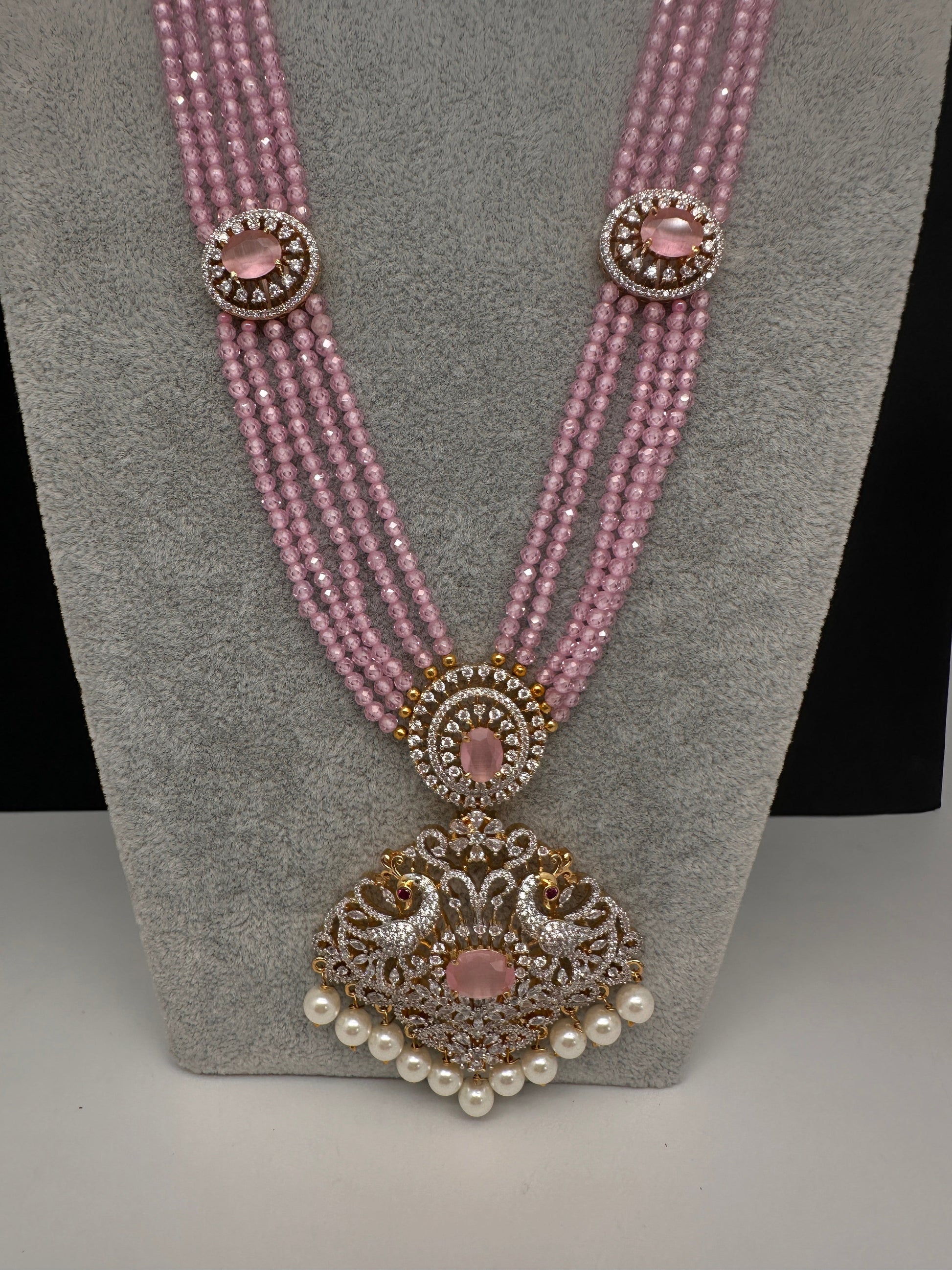 CZ Beads Long Color Stone Peacock Necklace - Pink