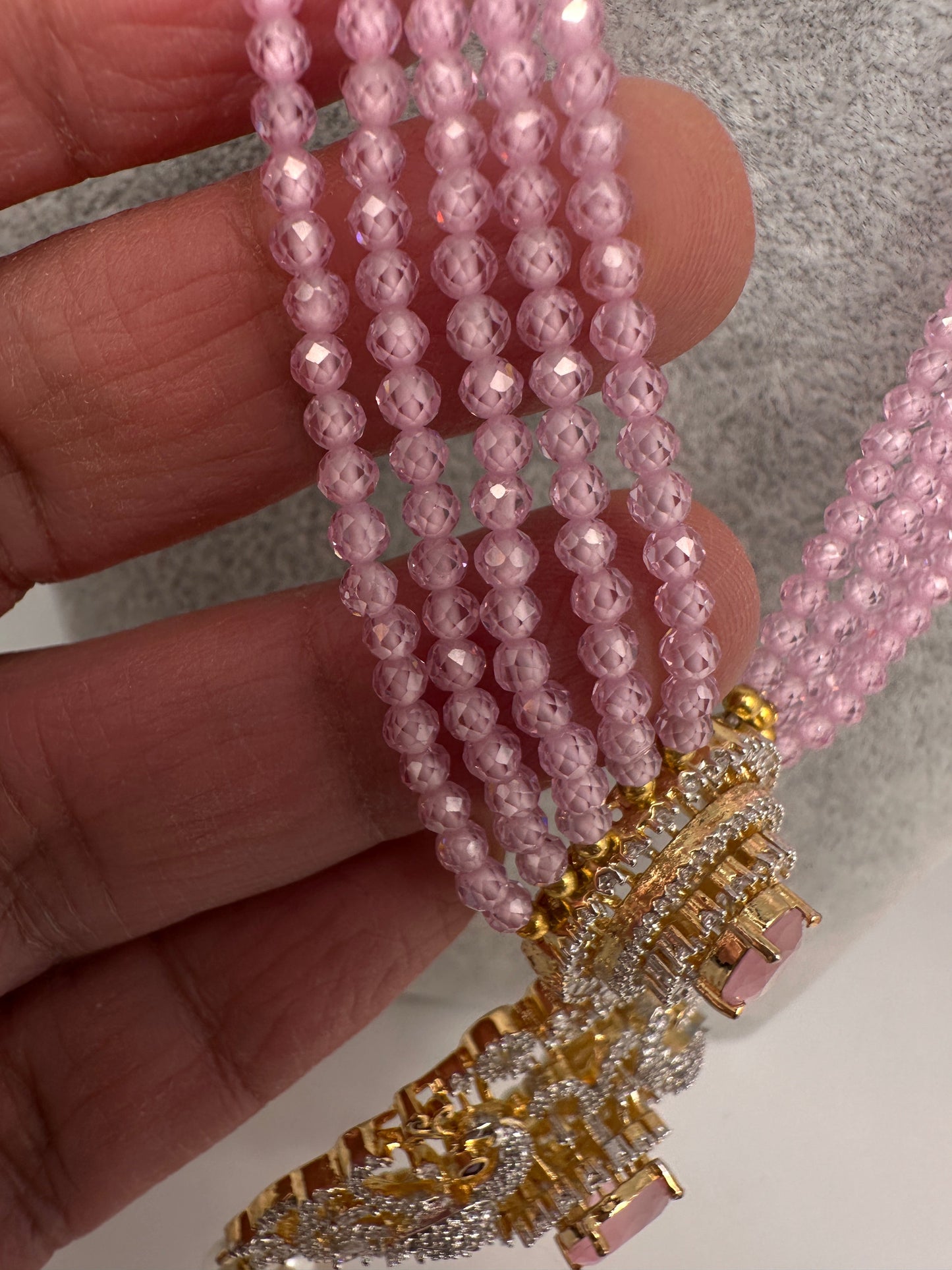 CZ Beads Long Color Stone Peacock Necklace - Pink