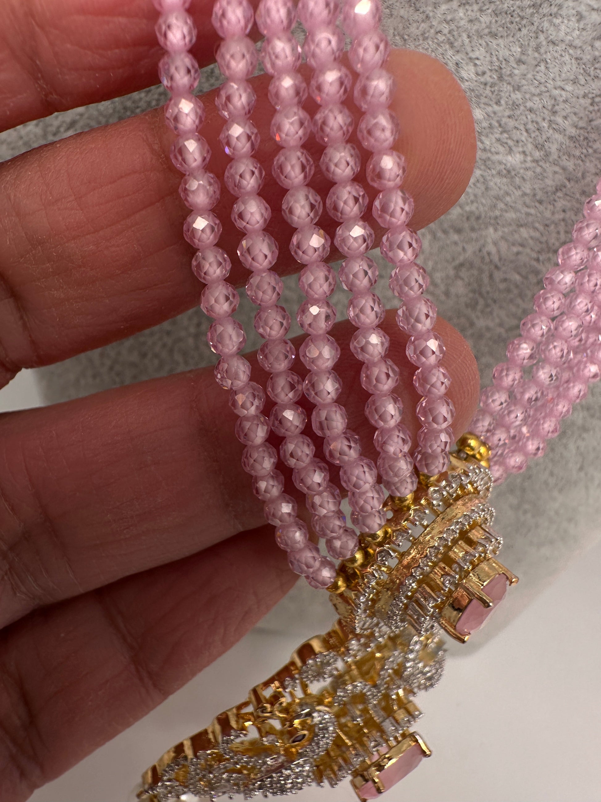 CZ Beads Long Color Stone Peacock Necklace - Pink