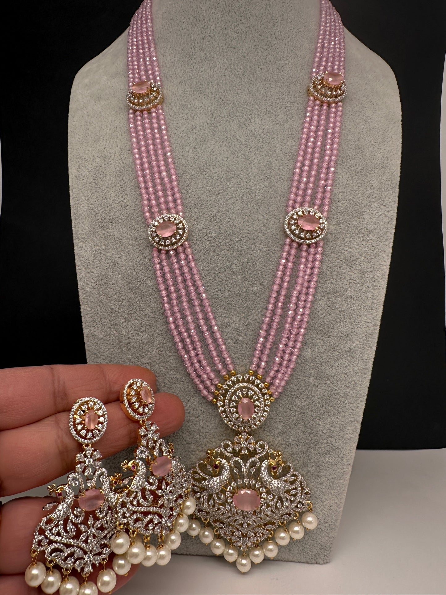 CZ Beads Long Color Stone Peacock Necklace - Pink