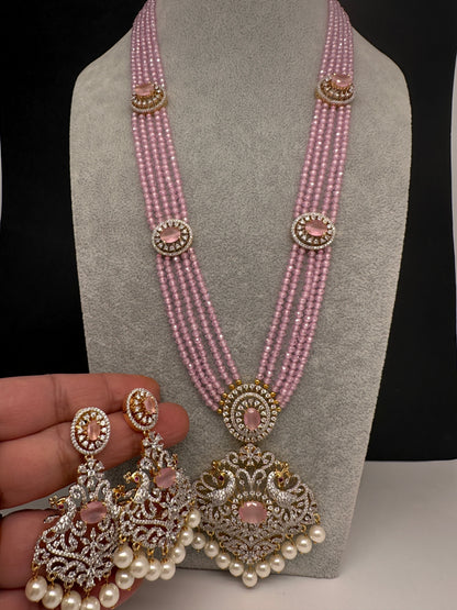 CZ Beads Long Color Stone Peacock Necklace - Pink