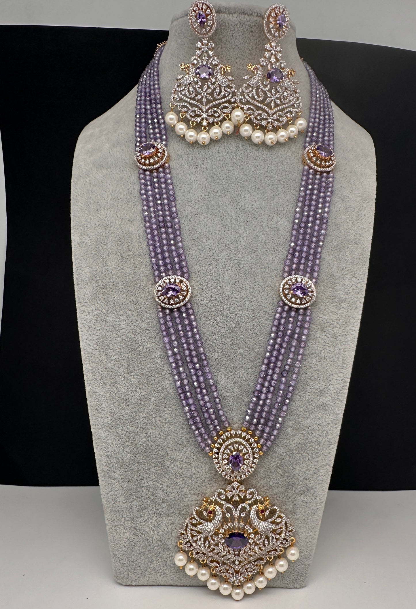 CZ Beads Long Color Stone Peacock Necklace - Purple