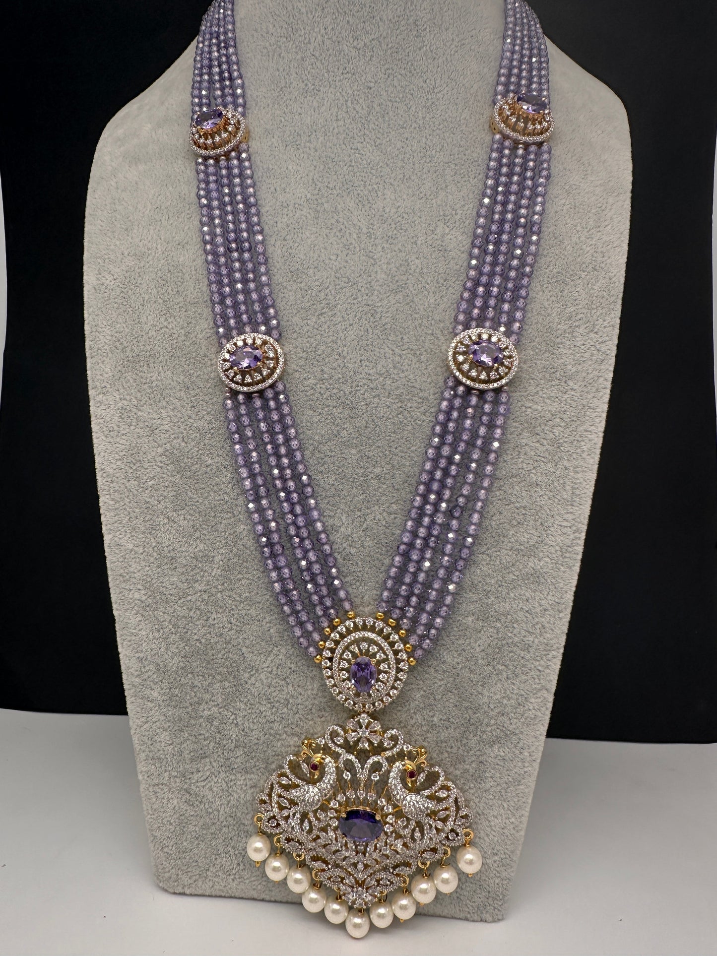 CZ Beads Long Color Stone Peacock Necklace - Purple