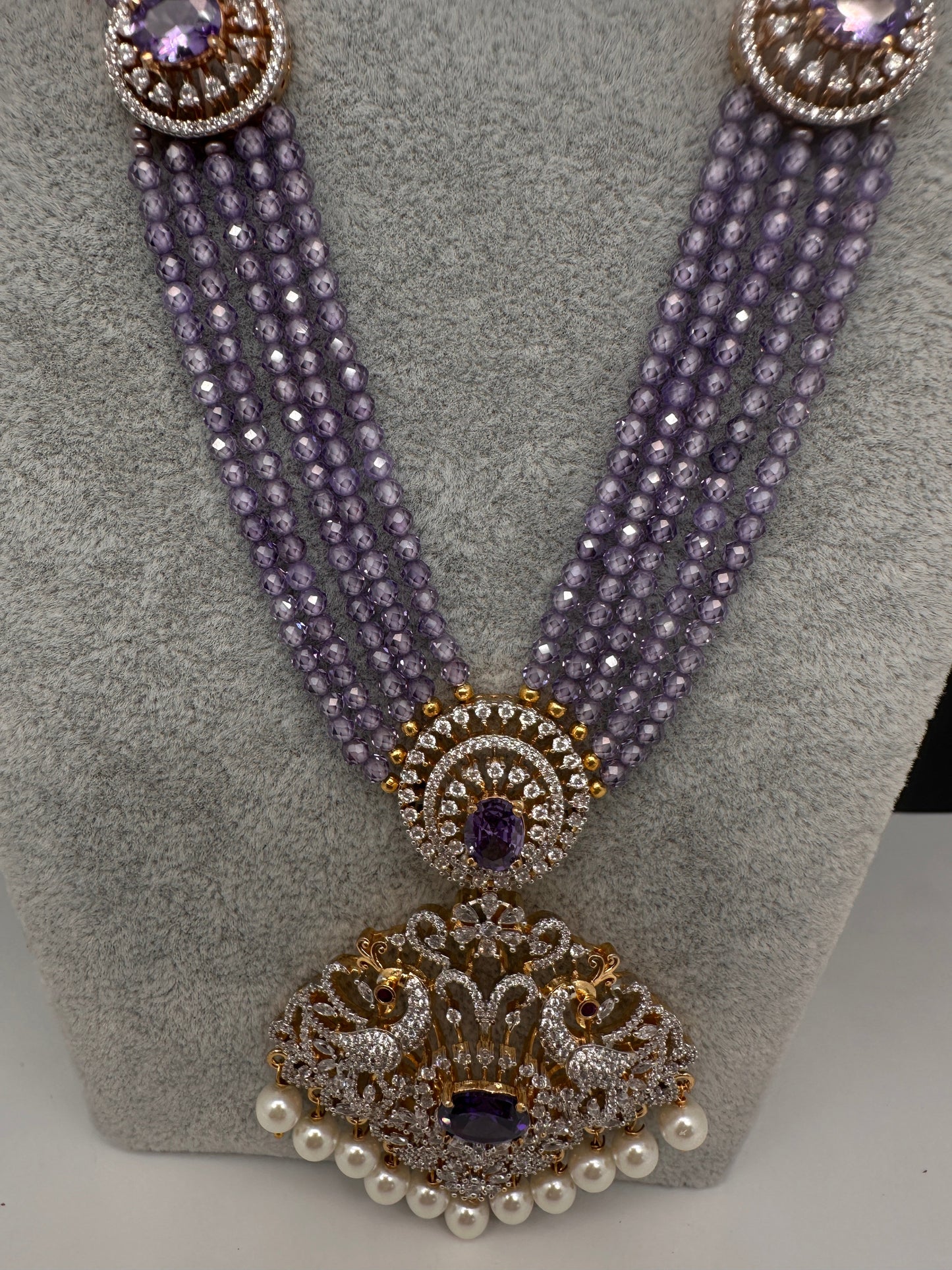 CZ Beads Long Color Stone Peacock Necklace - Purple