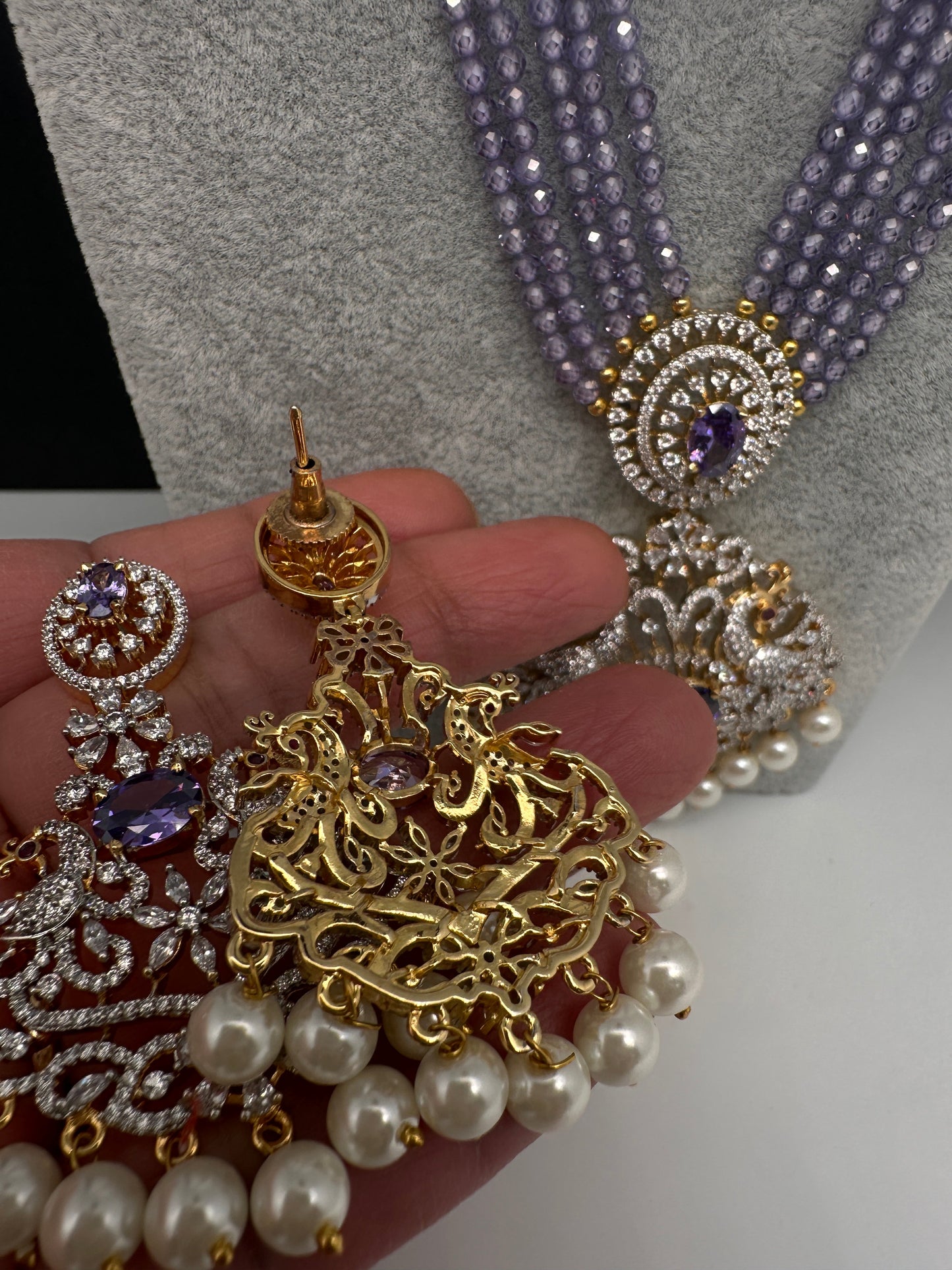 CZ Beads Long Color Stone Peacock Necklace - Purple