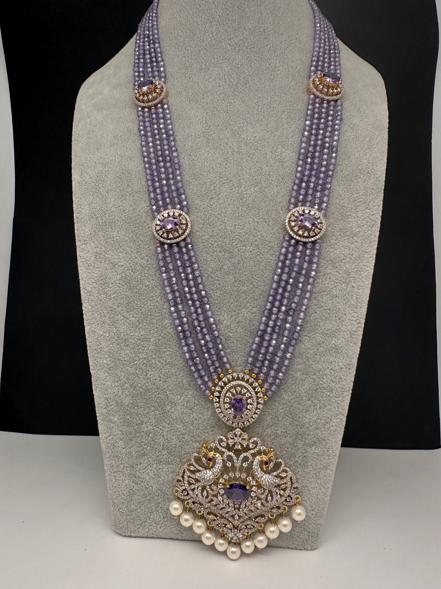 CZ Beads Long Color Stone Peacock Necklace - Purple