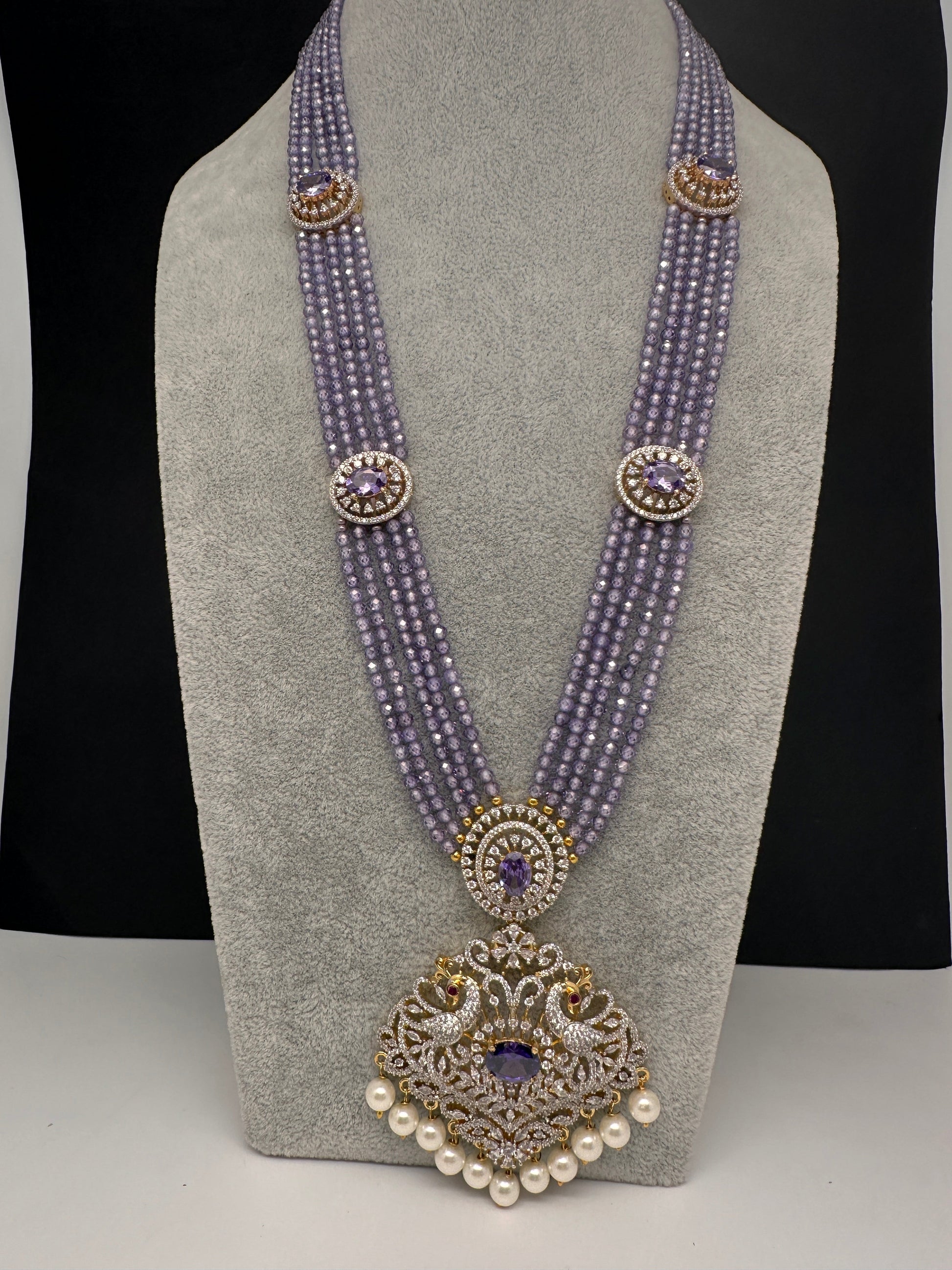 CZ Beads Long Color Stone Peacock Necklace - Purple