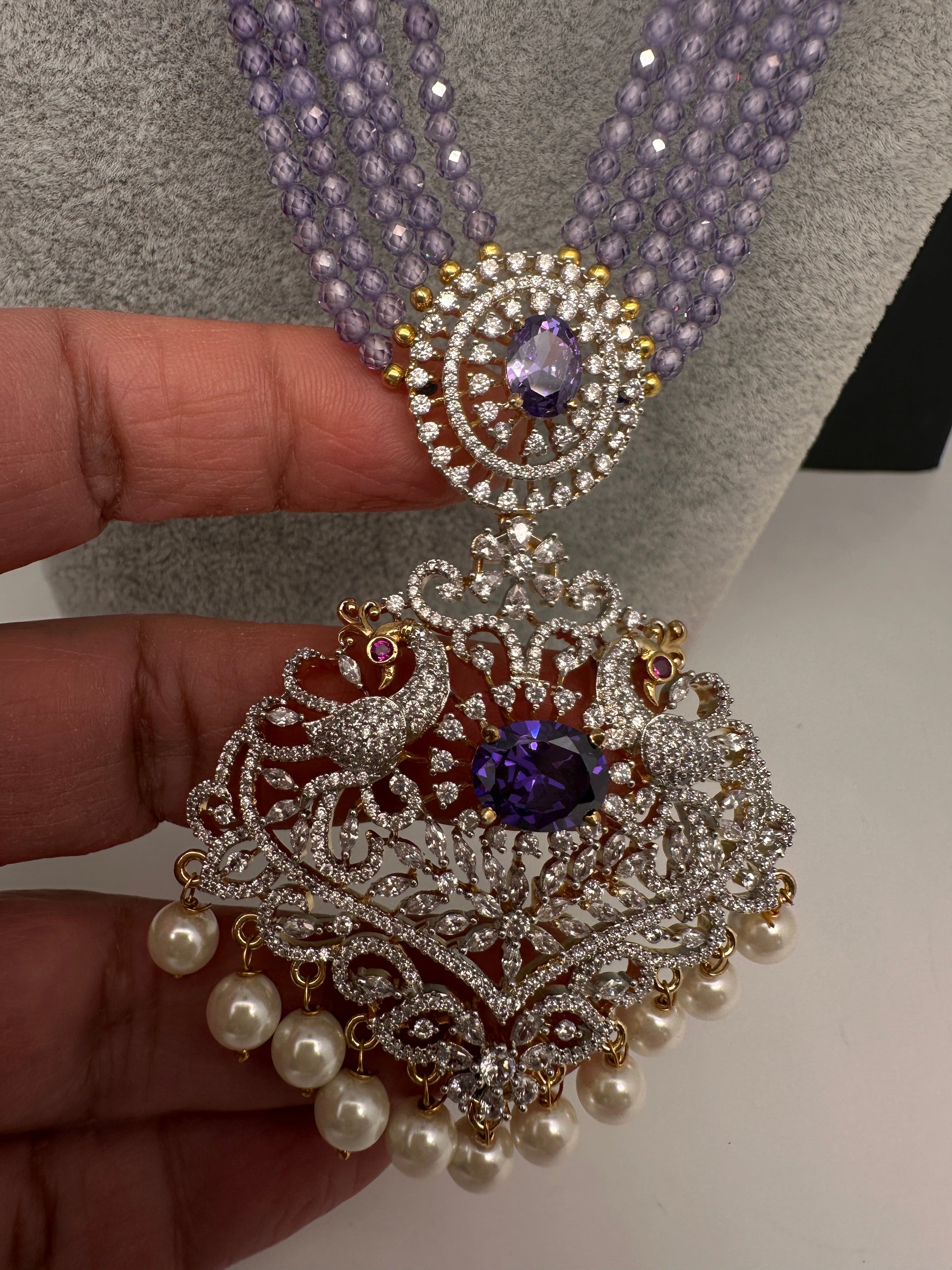 CZ Beads Long Color Stone Peacock Necklace - Purple