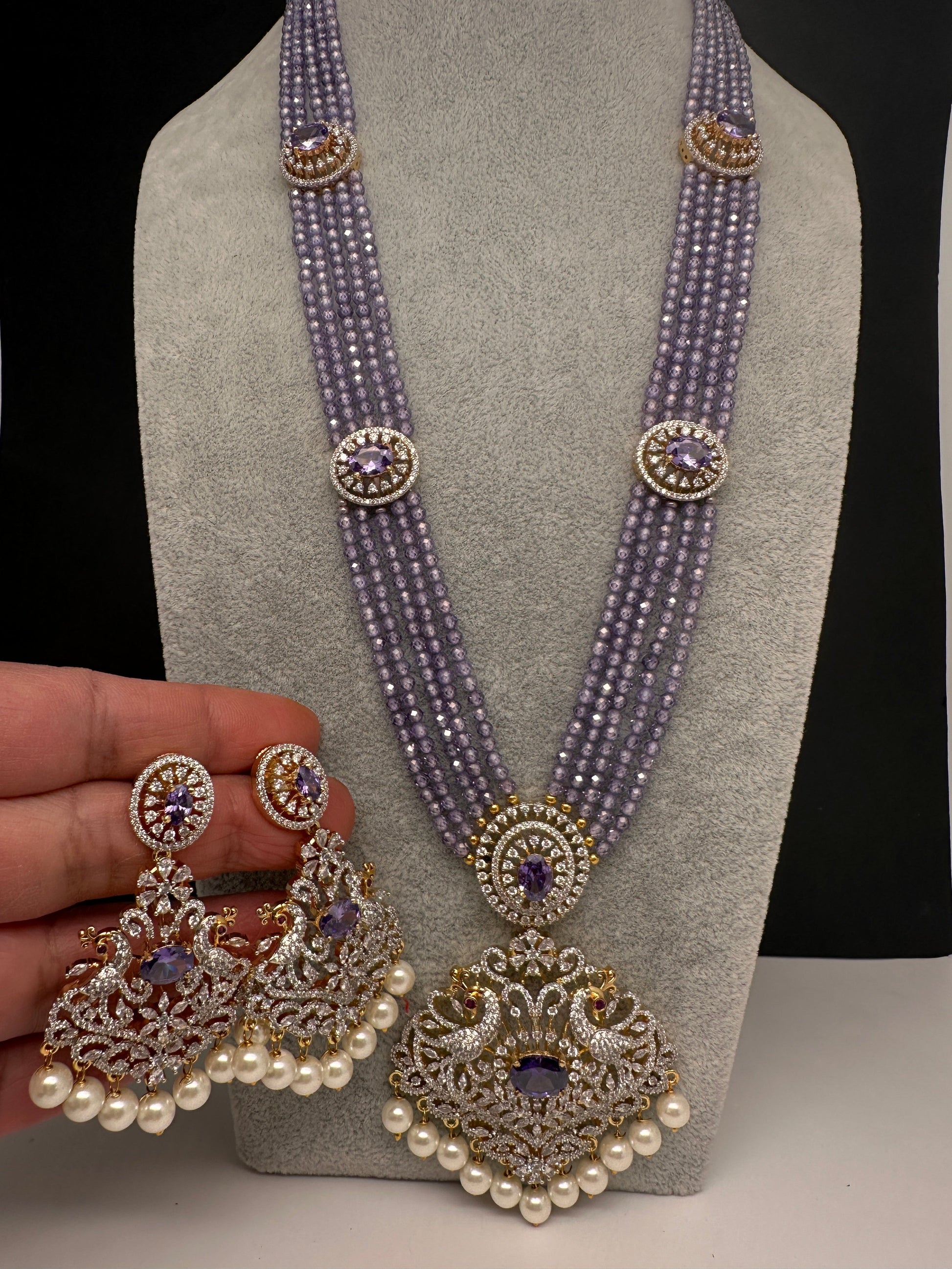 CZ Beads Long Color Stone Peacock Necklace - Purple
