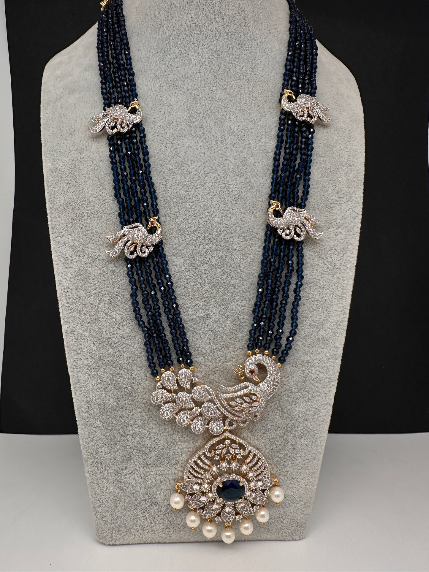 CZ Beads Long Color Stone Peacock Necklace - Blue