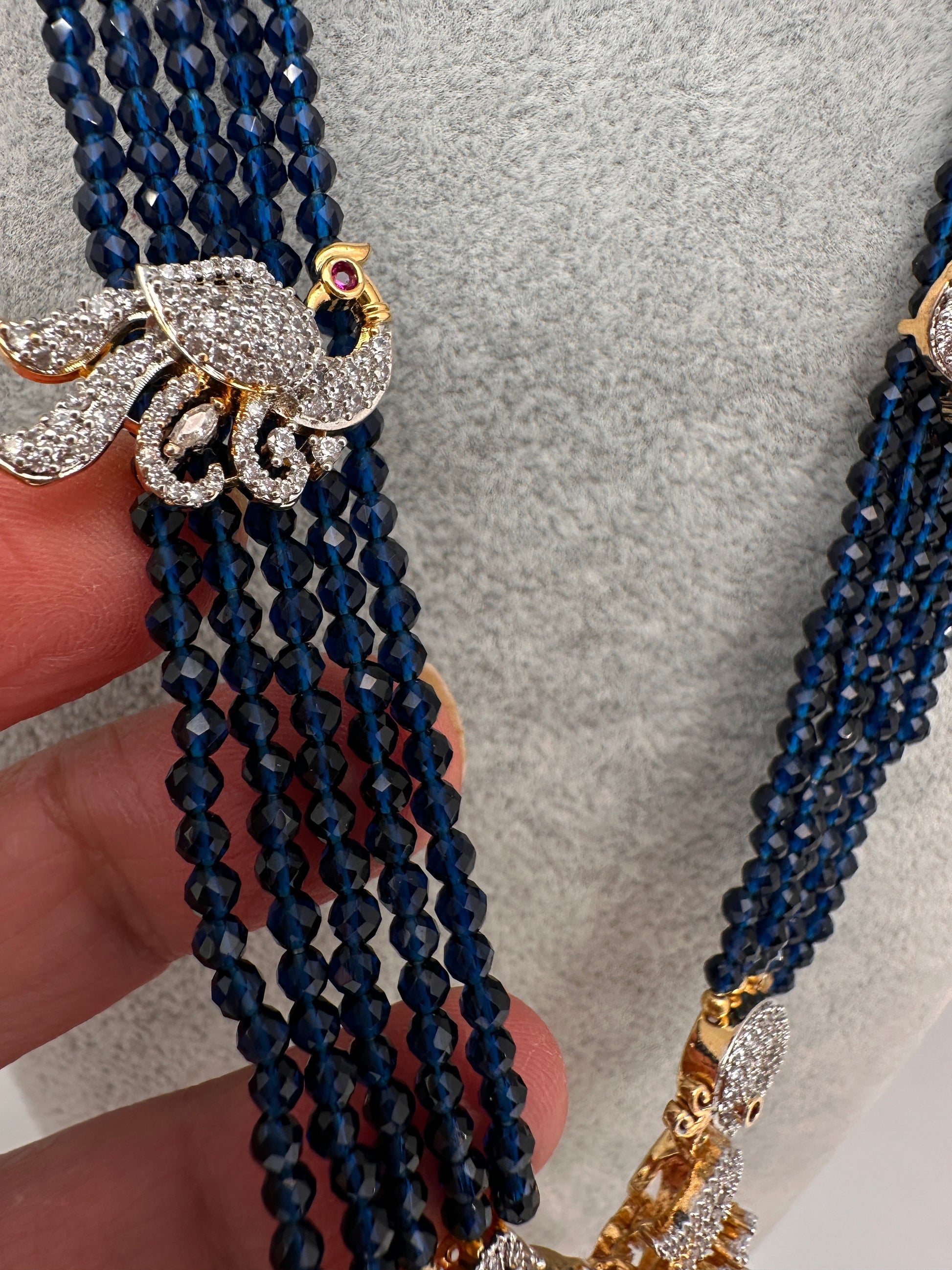 CZ Beads Long Color Stone Peacock Necklace - Blue
