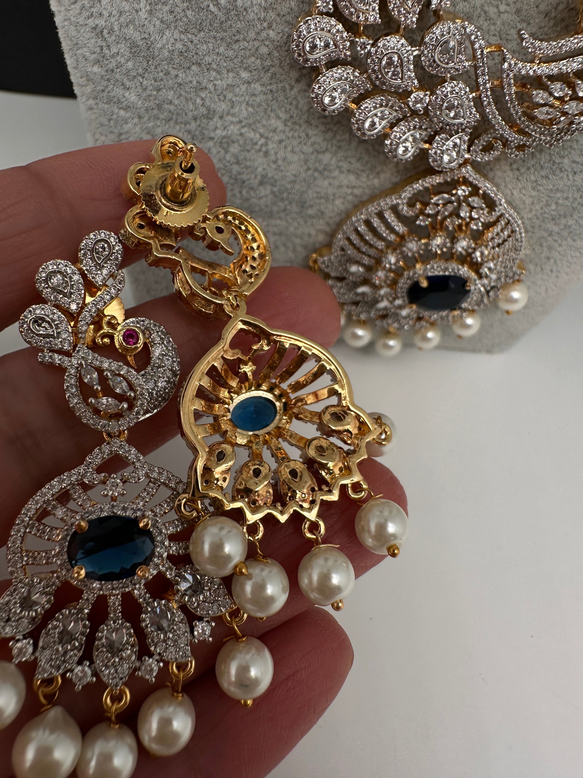 CZ Beads Long Color Stone Peacock Necklace - Blue