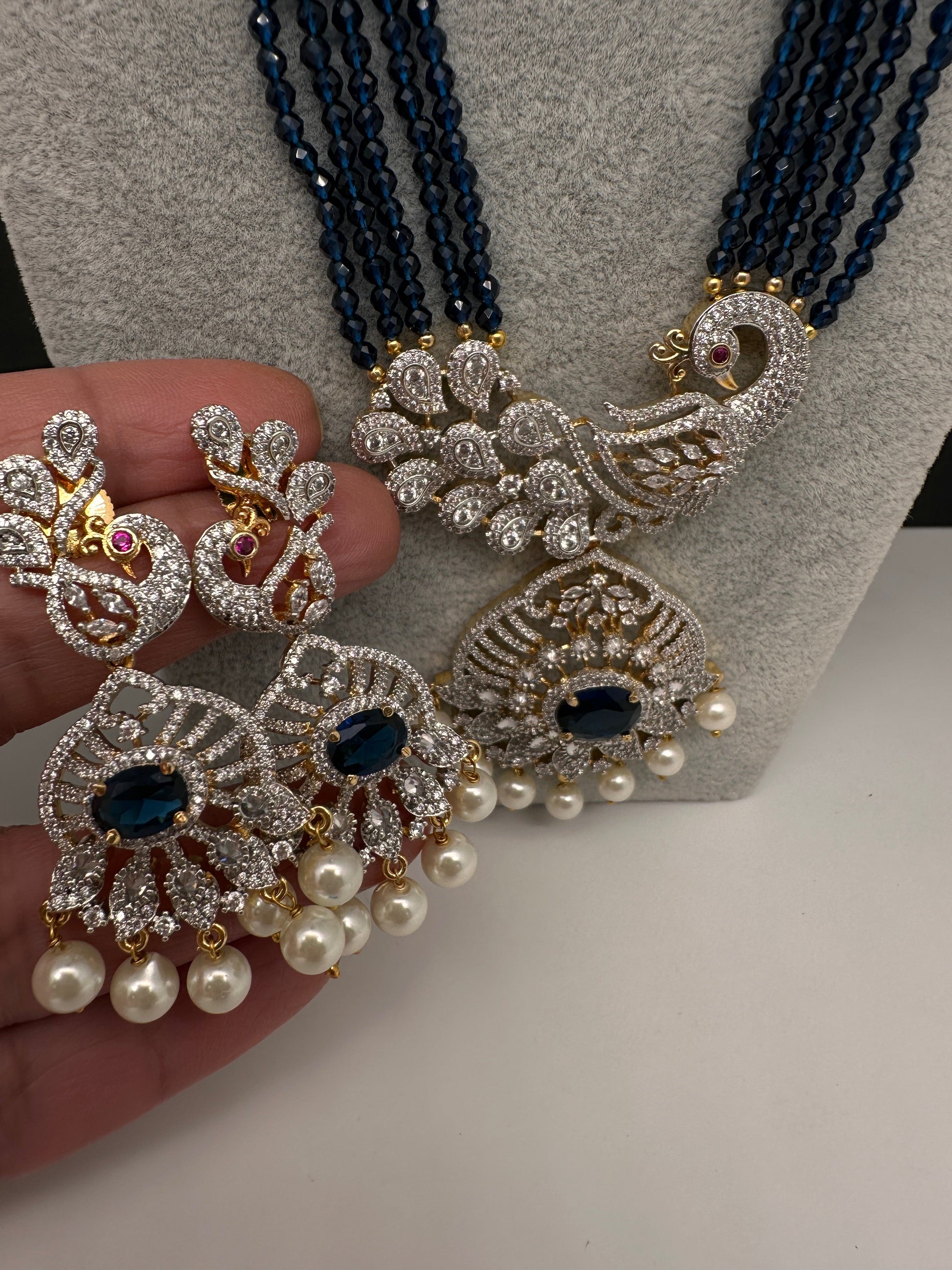 CZ Beads Long Color Stone Peacock Necklace - Blue