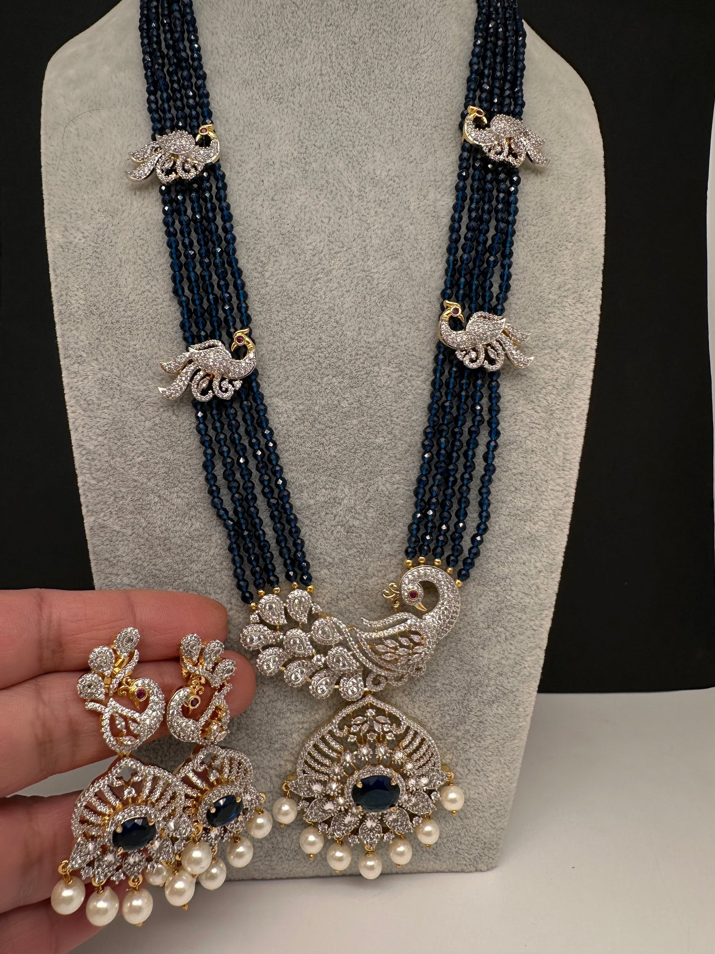 CZ Beads Long Color Stone Peacock Necklace - Blue