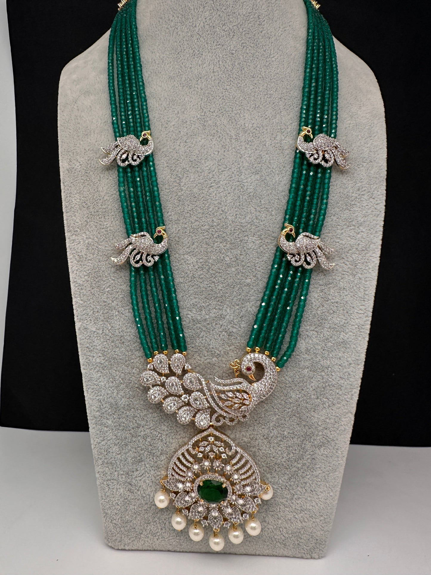 CZ Beads Long Color Stone Peacock Necklace - Green