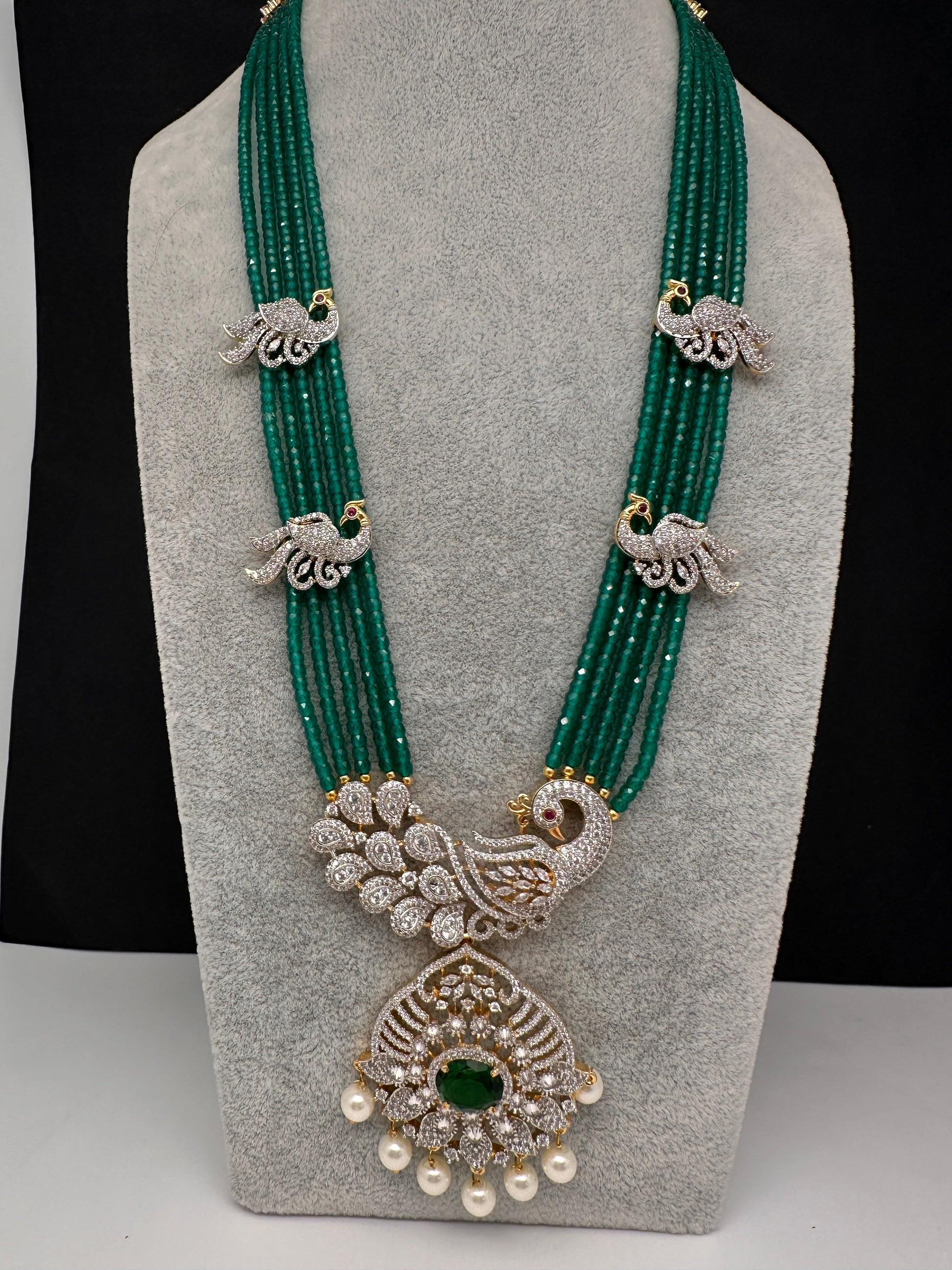CZ Beads Long Color Stone Peacock Necklace - Green
