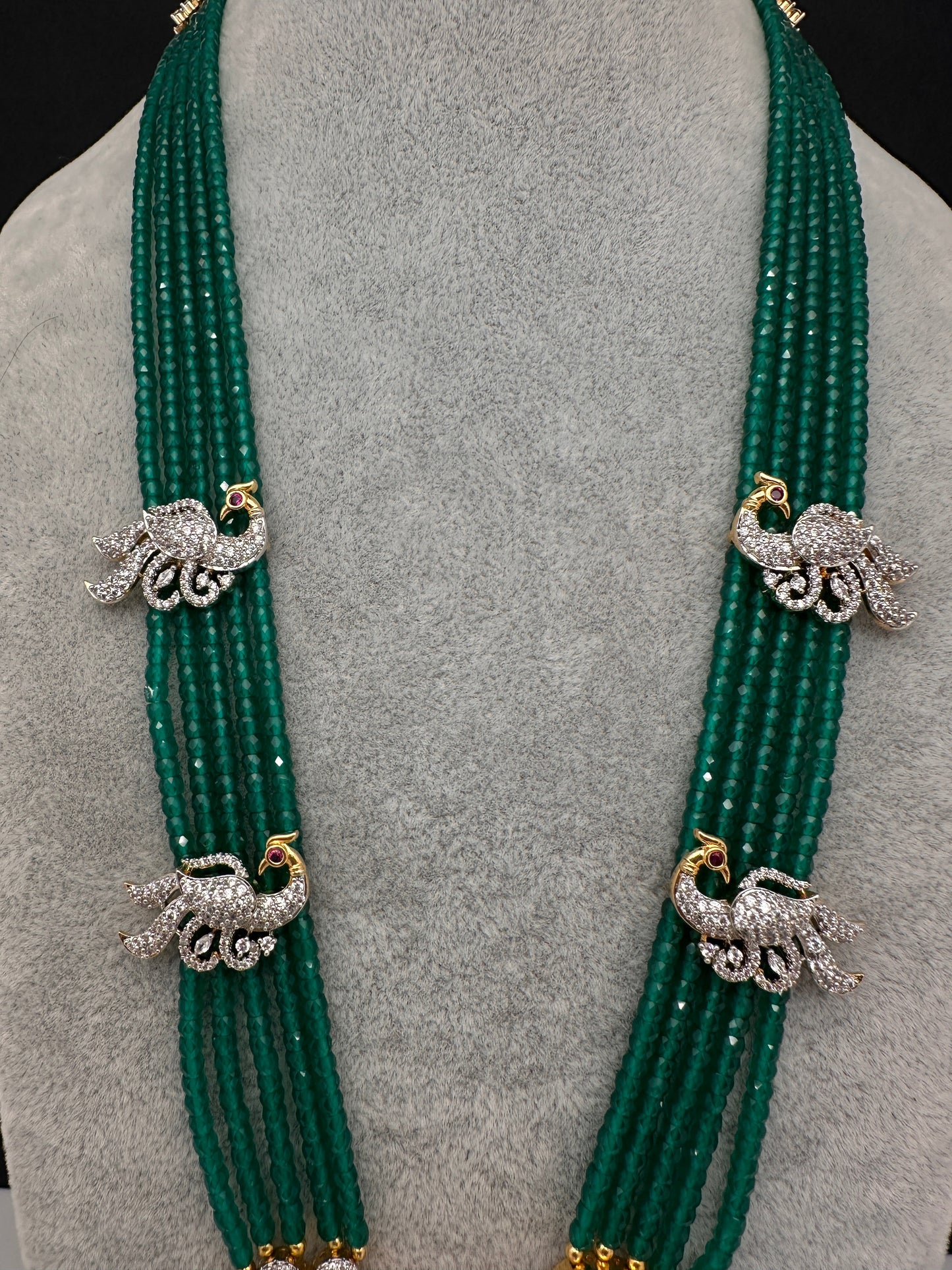 CZ Beads Long Color Stone Peacock Necklace - Green