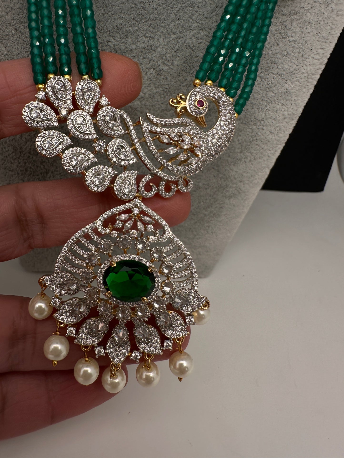 CZ Beads Long Color Stone Peacock Necklace - Green