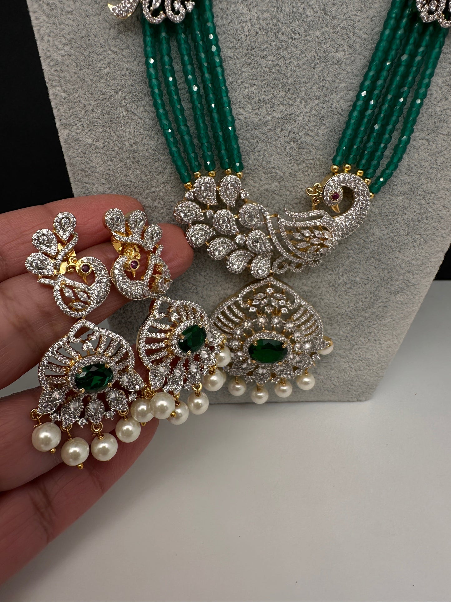 CZ Beads Long Color Stone Peacock Necklace - Green