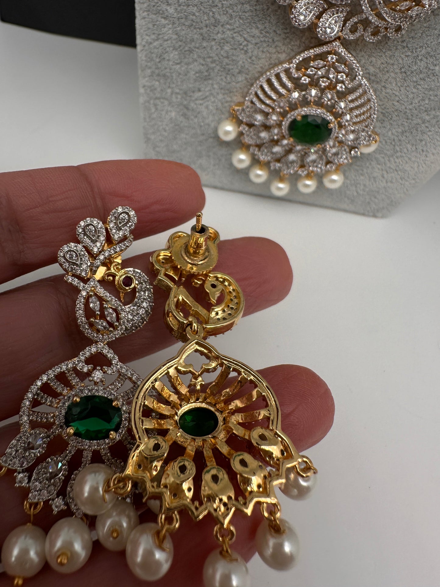 CZ Beads Long Color Stone Peacock Necklace - Green