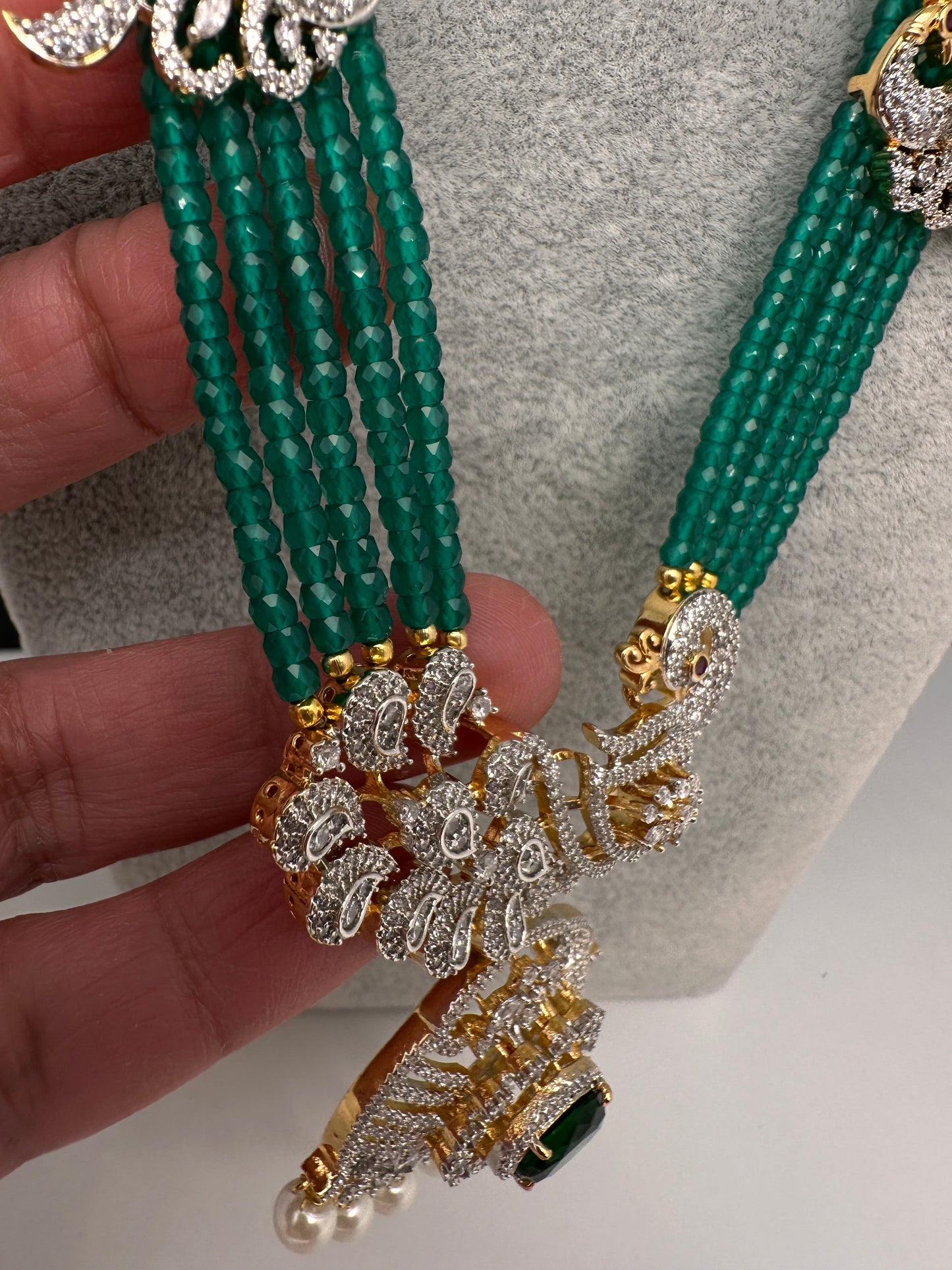 CZ Beads Long Color Stone Peacock Necklace - Green