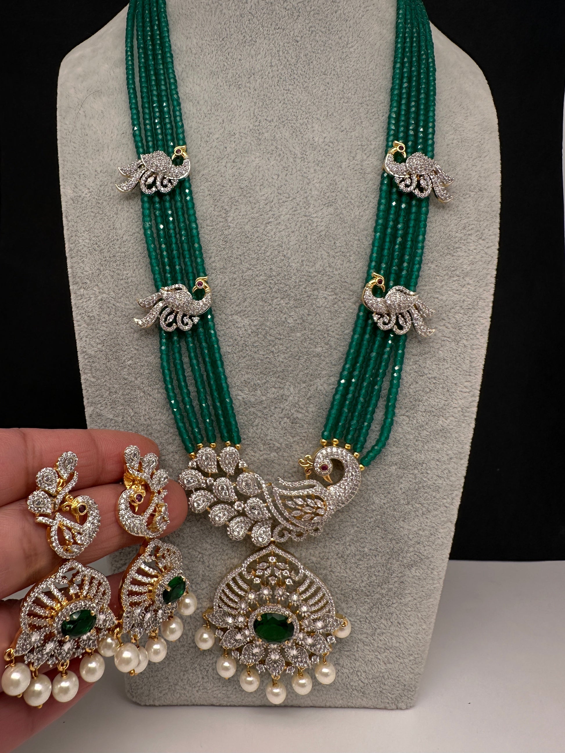 CZ Beads Long Color Stone Peacock Necklace - Green