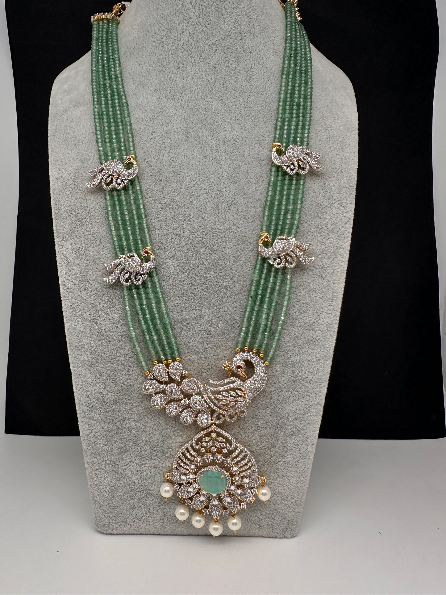 CZ Beads Long Color Stone Peacock Necklace - MintGreen