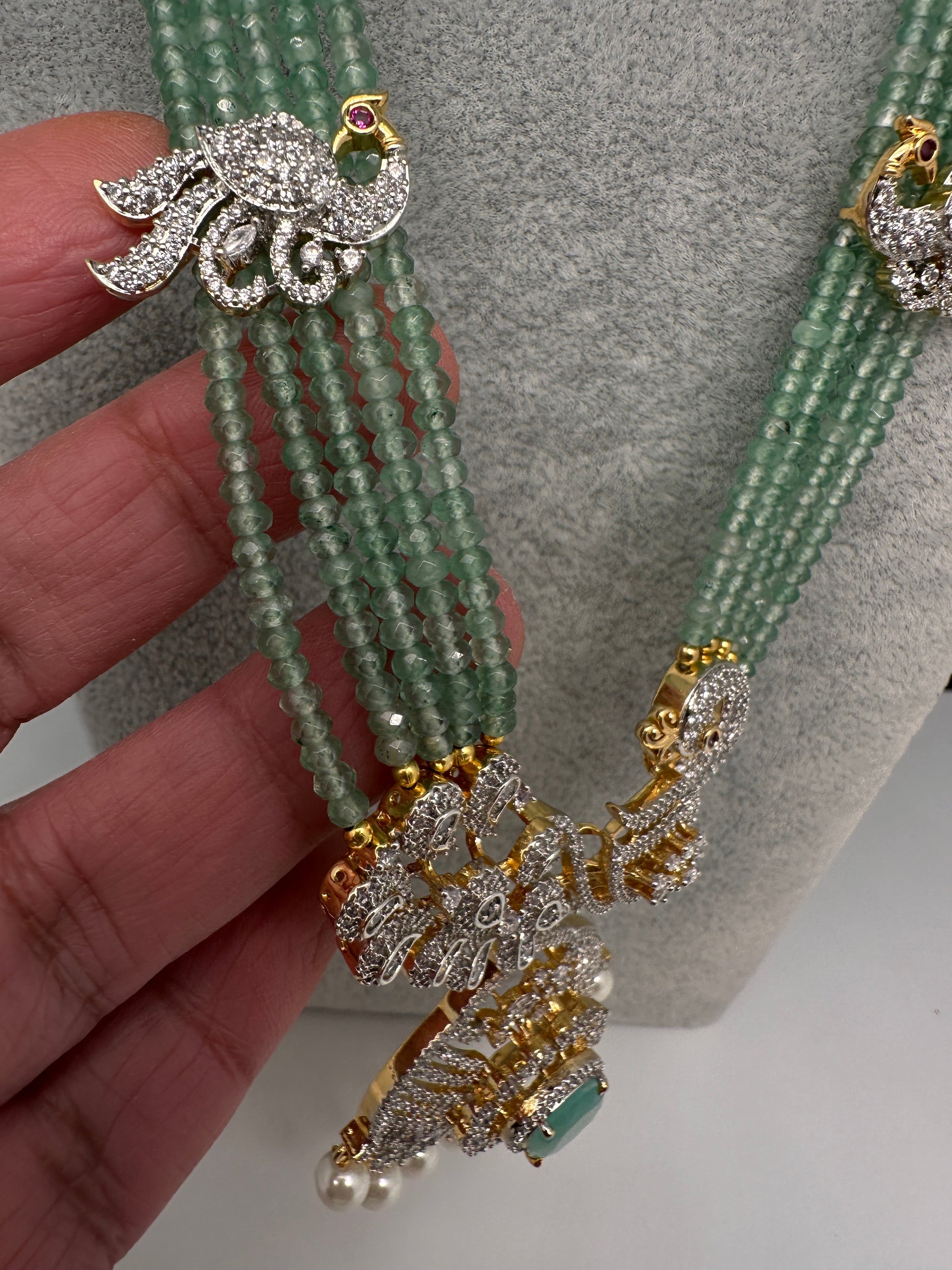 CZ Beads Long Color Stone Peacock Necklace - MintGreen