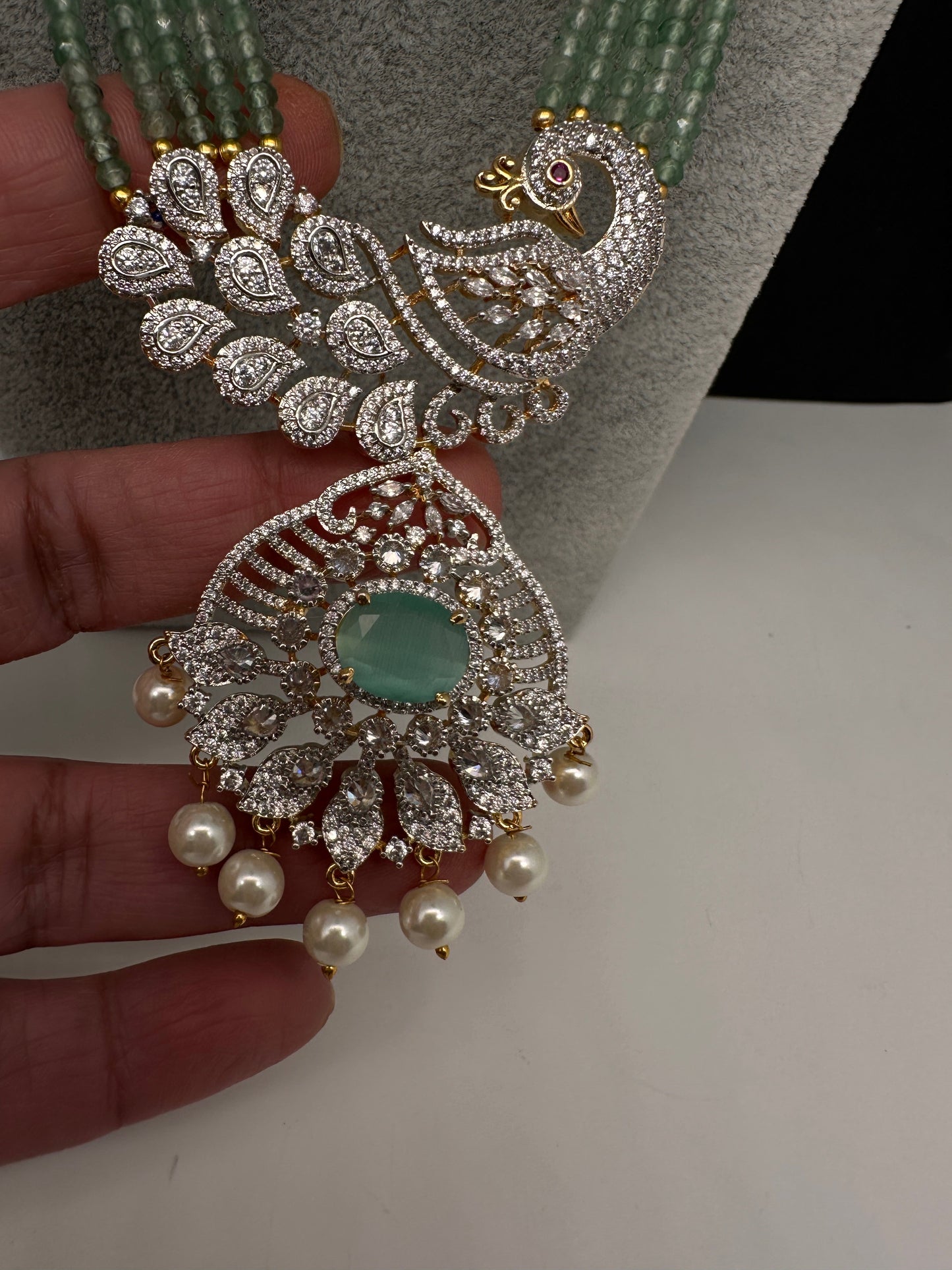 CZ Beads Long Color Stone Peacock Necklace - MintGreen