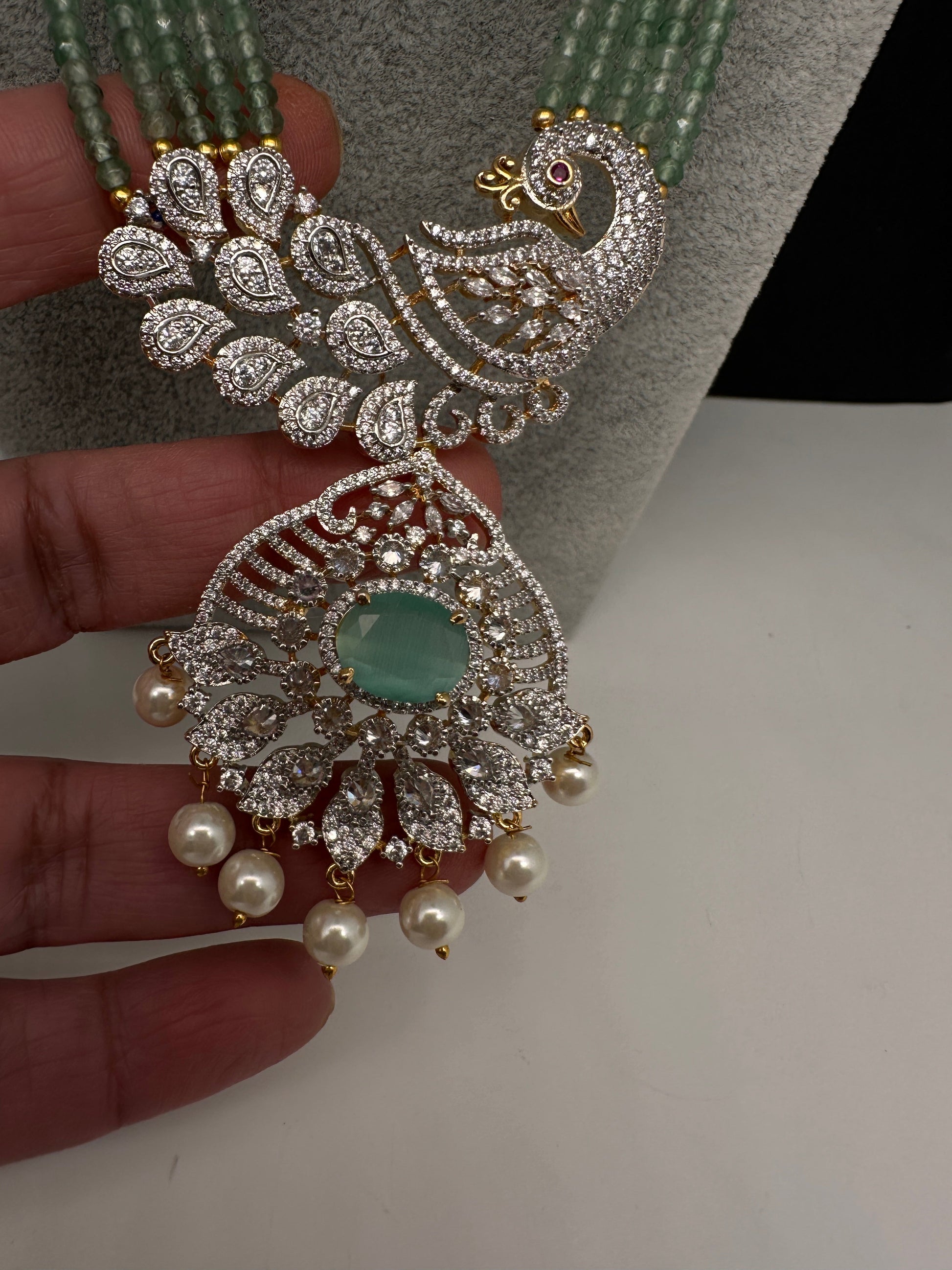 CZ Beads Long Color Stone Peacock Necklace - MintGreen