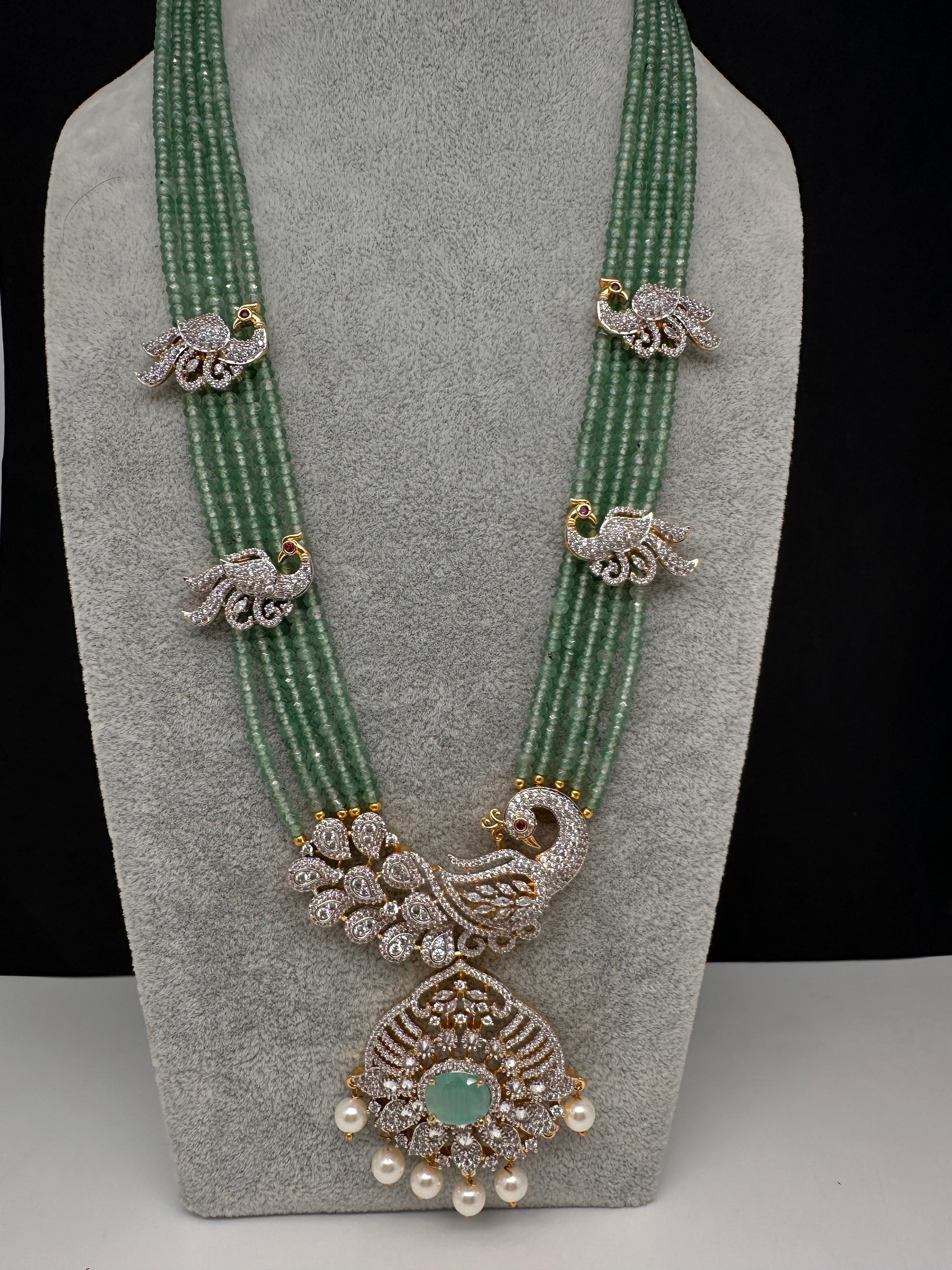 CZ Beads Long Color Stone Peacock Necklace - MintGreen