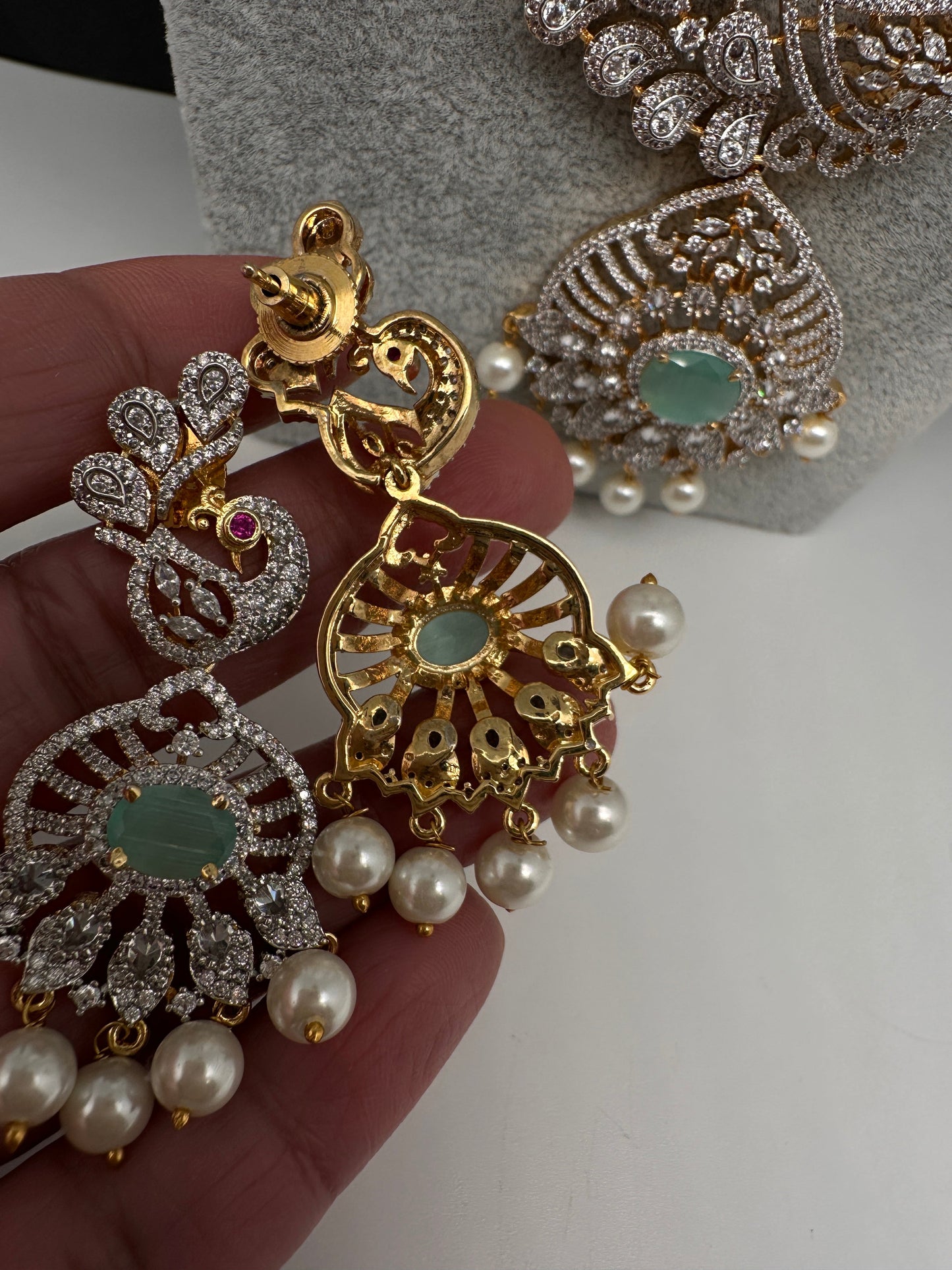 CZ Beads Long Color Stone Peacock Necklace - MintGreen