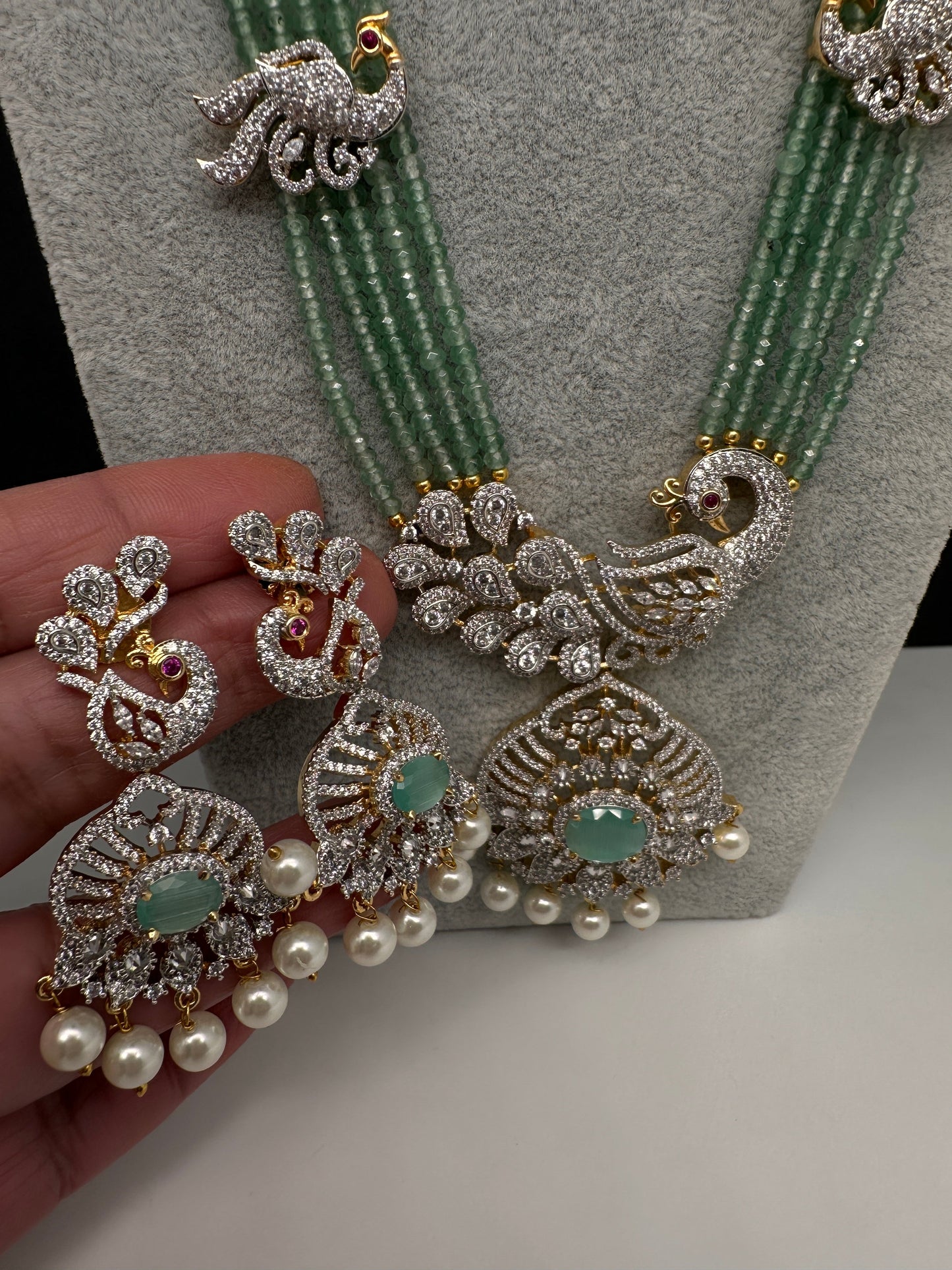 CZ Beads Long Color Stone Peacock Necklace - MintGreen