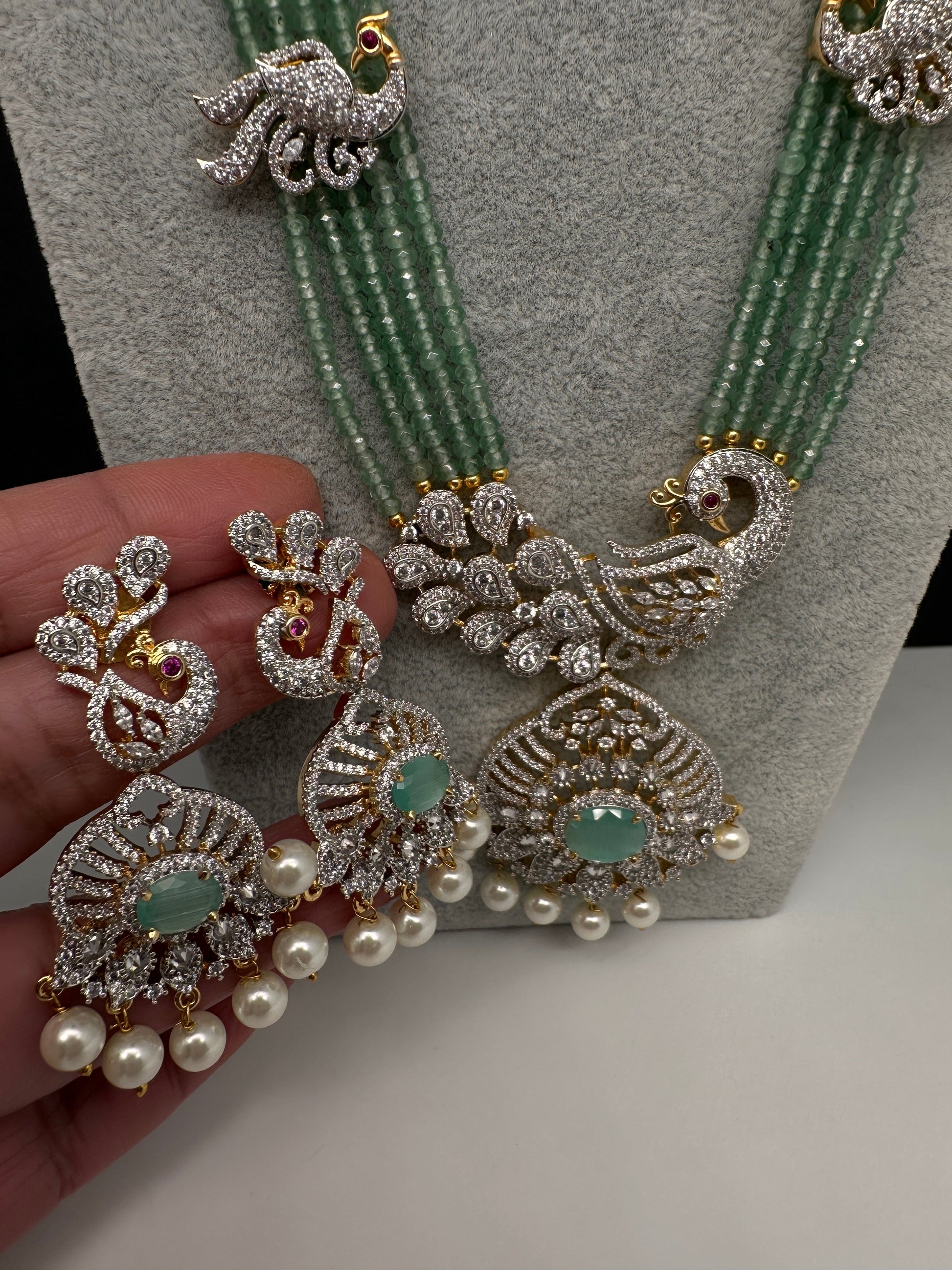 CZ Beads Long Color Stone Peacock Necklace - MintGreen